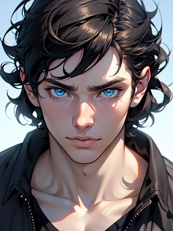 Pale teenage man, male, blue eyes, button nose, thin lips, extremely pretty and handsome, sunlight, looking at viewer, effeminate, casual ,short curly black hair, pretty, highly detailed, epic, anime style