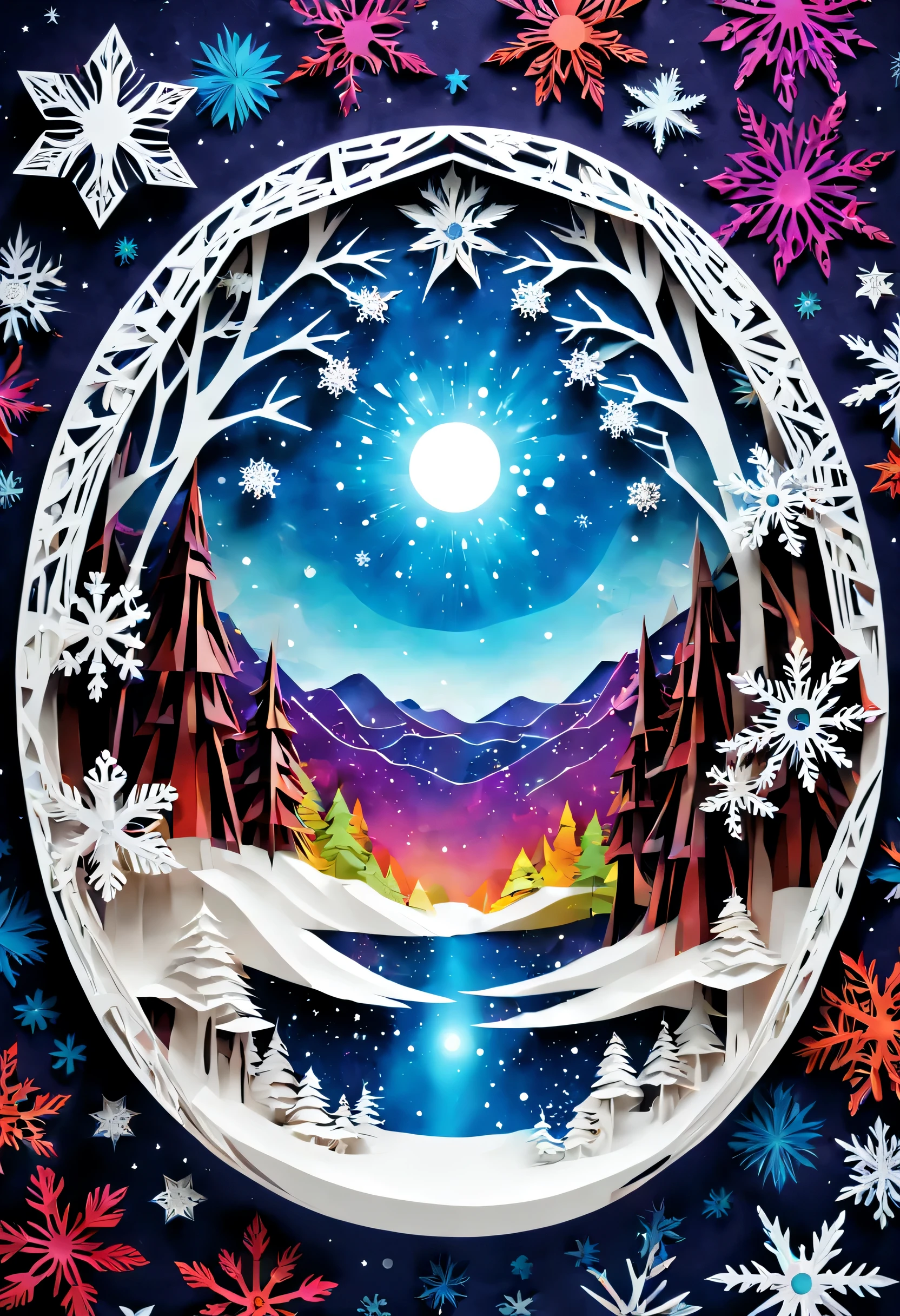 A space vision, made entirely of sheets of paper cut out in the cut-out style, kirigami and snowflakes, it's very detailed and textured. in psychedelic color style