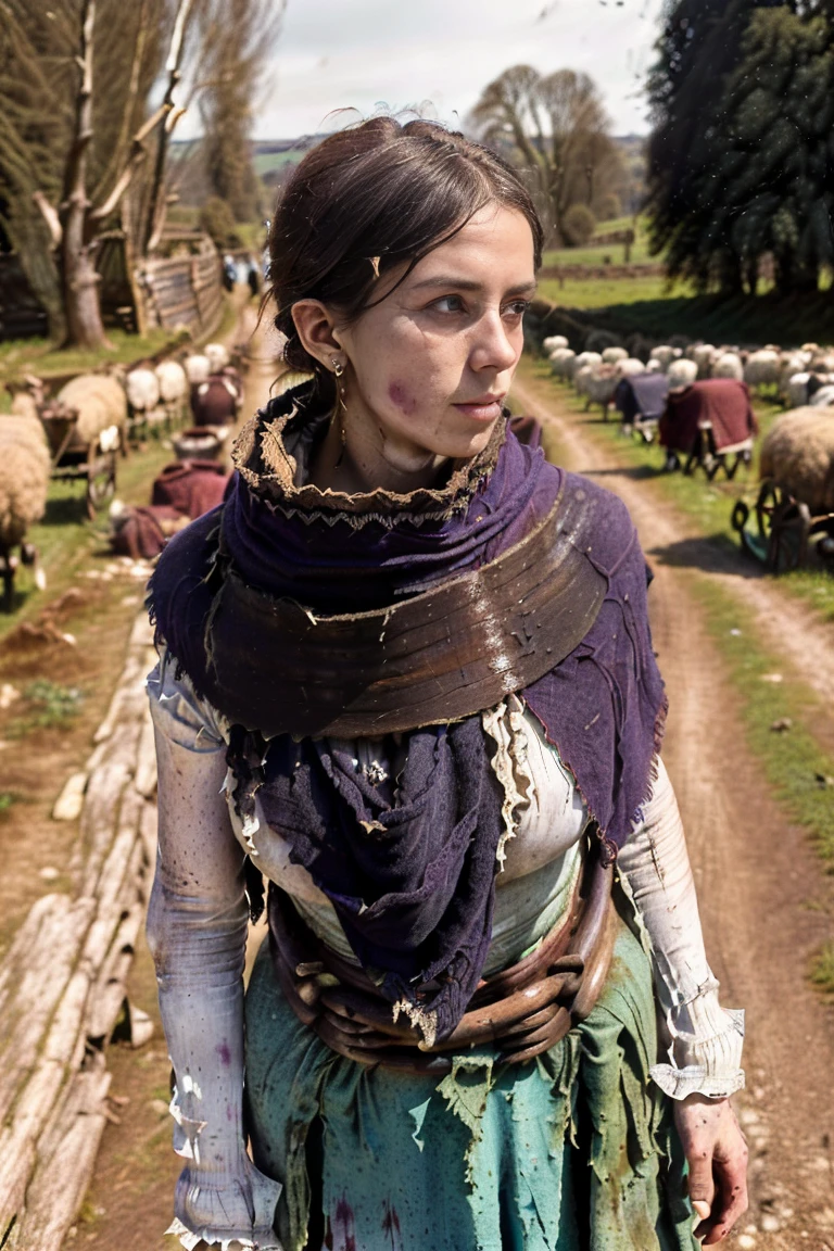 Tess of the d’Urbervilles, Tess Darbeyfield, Thomas Hardy novel Tess of the d’Urbervilles, ((a skinny malnourished 18 year old Nastasia Kinski lookalike in ((scant mid-19th century Dorset peasant clothes that are ((much too small and are ill-fitting)))), ((large dark woolen shawl)), ((barelegged, bare-armed)), (dirty clothes), ((very dirty skin, cuts and bruises)), dirty greasy hair, (neglected regality), Wessex, mid-nineteenth century Dorsetshire southwest England countryside, ((a huge decrepit wooden early-19th-century-cart)), sheep, aged decrepit ancient agricultural cart path,