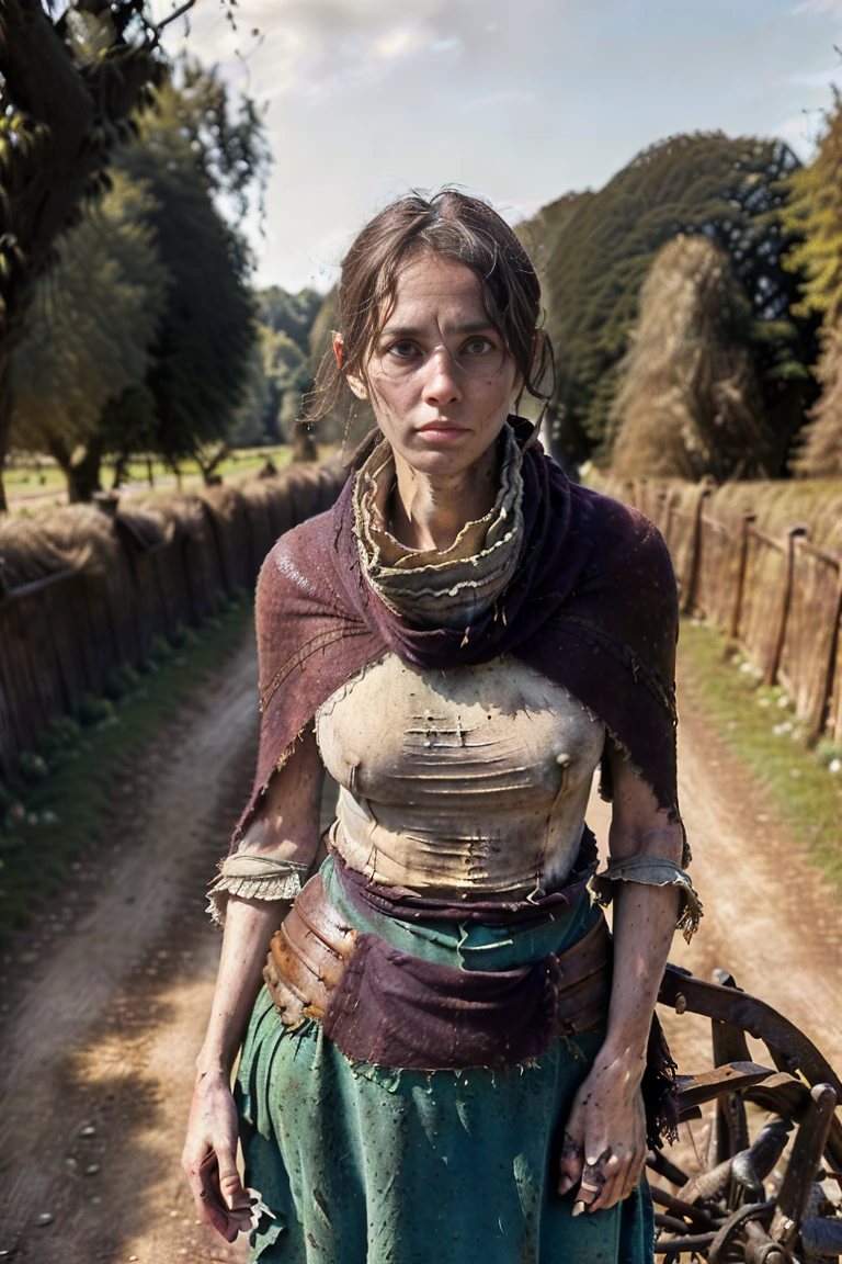 Tess of the d’Urbervilles, Tess Darbeyfield, Thomas Hardy novel Tess of the d’Urbervilles, ((a skinny malnourished 18 year old Nastasia Kinski lookalike in ((scant mid-19th century Dorset peasant clothes that are ((much too small and are ill-fitting)))), ((large dark woolen shawl)), ((barelegged, bare-armed)), (dirty clothes), ((very dirty skin, cuts and bruises)), dirty greasy hair, (neglected regality), Wessex, mid-nineteenth century Dorsetshire southwest England countryside, ((a huge decrepit wooden early-19th-century-cart)), sheep, aged decrepit ancient agricultural cart path,
