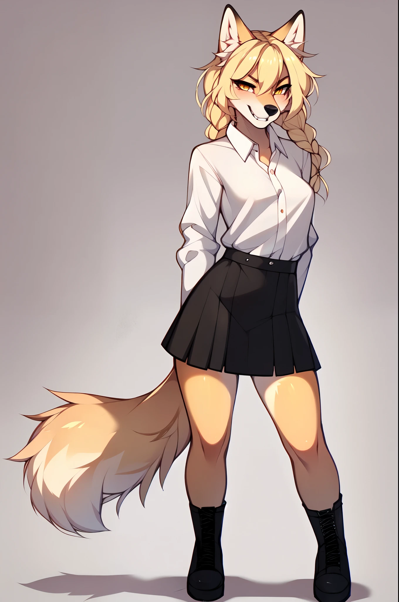 Full body shot, solo, Kimiko, detailed yellow eyes, blonde hair, tan fox girl, cute blonde fox tail tail, white ear fluff, by hyattlen, by braeburned, by zaush, by fumiko, standing, petite body, small breasts, wearing white button up shirt, black skirt, black combat boots, black tie, standing, simple background, hands behind her back, playful stance, grinning, furrowed eyebrows, canine teeth, front view