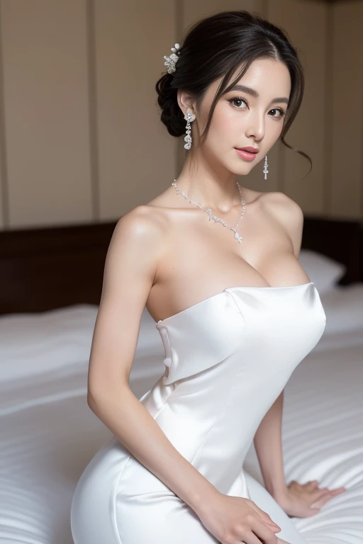 ((masterpiece、high-level image quality、hightquality)),A Japanese Lady、Perfect Skin, A MILF, Beautiful skin, ((huge-breasted:1.5)), , Pretty Woman, 1girl in, 30 years old, hair messy,(Attractive body :1.2), abdominals :1.1, dark brown hair: 1.1,((Wearing silk silver wedding dress)), Details of embroidery, sitting on a bed, A detailed face,, Black eyes , 二重まぶた, ((perfect anatomia、beautiful limbed body,A sexy, Tall body, Good posture, Glamour, earrings, Diamond necklace, Beautiful eyelids , Detailed, Big ass:1.4, In the bedroom of a luxury hotel、