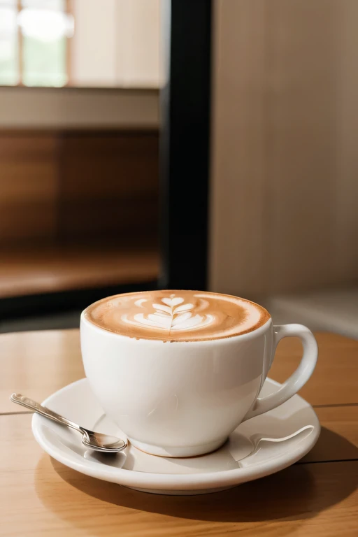 A clean and straightforward presentation of a cappuccino cup on a table, no embellishments, with a focus on the cup's details and the simplicity of the overall setting, Photography, shot with a Canon EOS R, 50mm f/1.4 lens