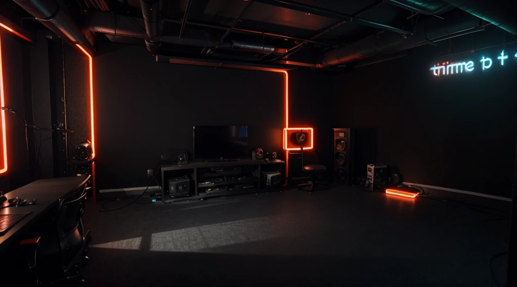 studio, dark background, orange neon lights, ultra realistic studio, game streamer room, very dark, YouTube studio