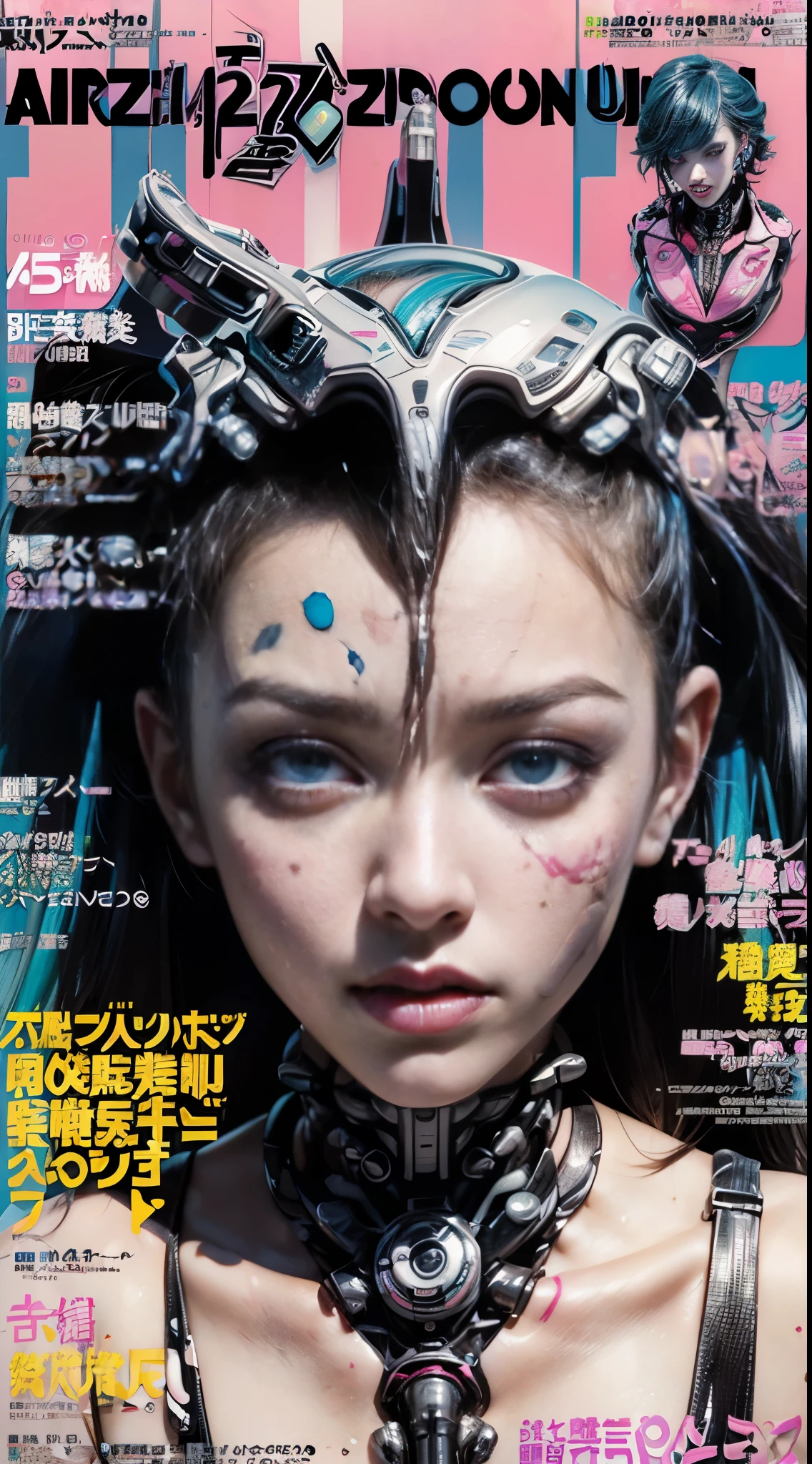 Flowing_contour biomechanical__cybernetic_airbrush___Strange__(((Japanese Harajuku style Fashion_(((colorful Magazine_cover)))__art_decor_Border)))__porcelain_and_Platinum / Futuristic Cyberpunk woman with porcelain skin, cybernetic implants.