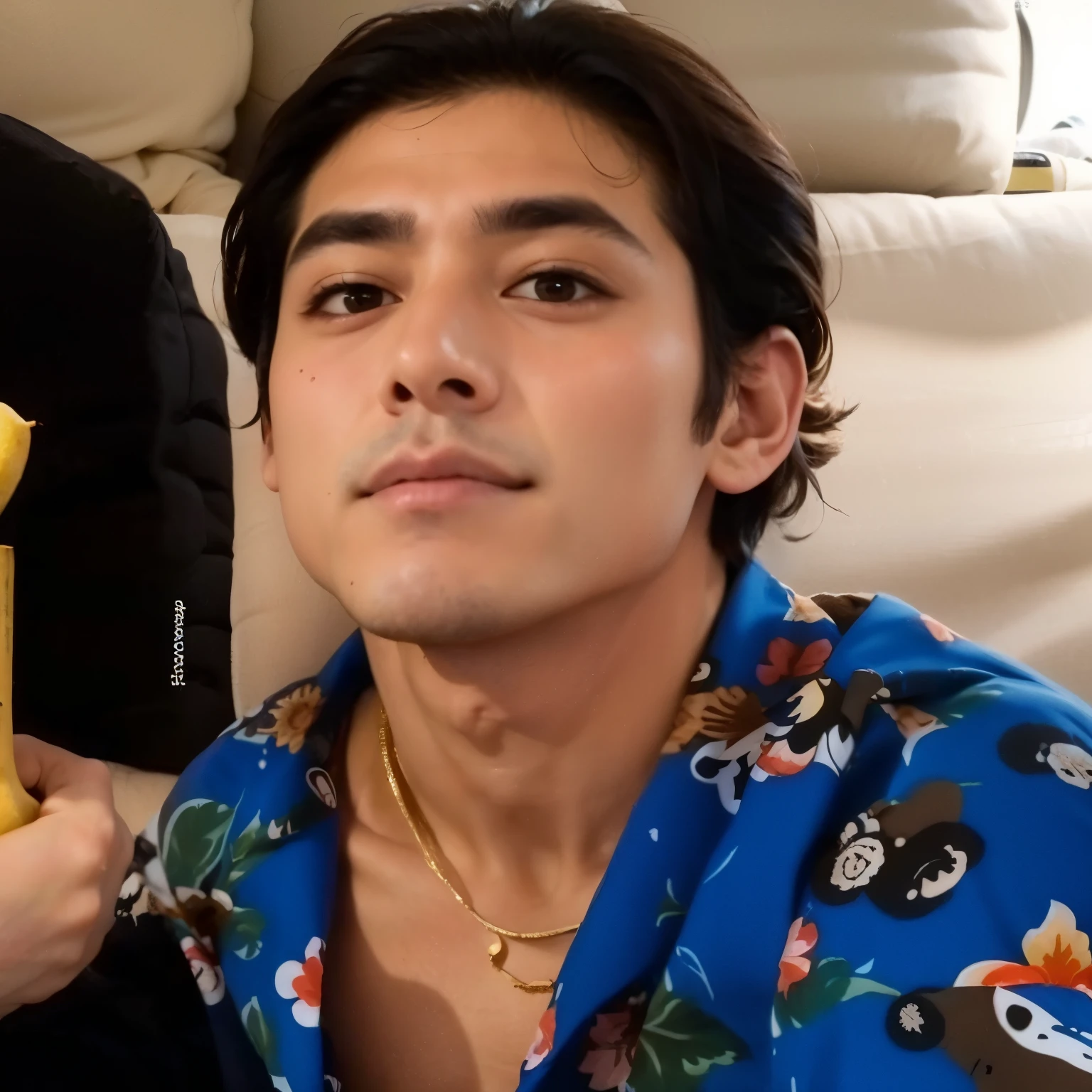There's a man sitting on a couch holding a banana, Taehyung comendo batatas fritas Gucci, taken in the early 2020s, ele tem cerca de 2 0 anos de idade, ele tem cerca de 20 anos, ele tem cerca de 2 5 anos de idade, tommy 1 6 anos de idade, Cai Xukun, ele tem cerca de 3 0 anos de idade