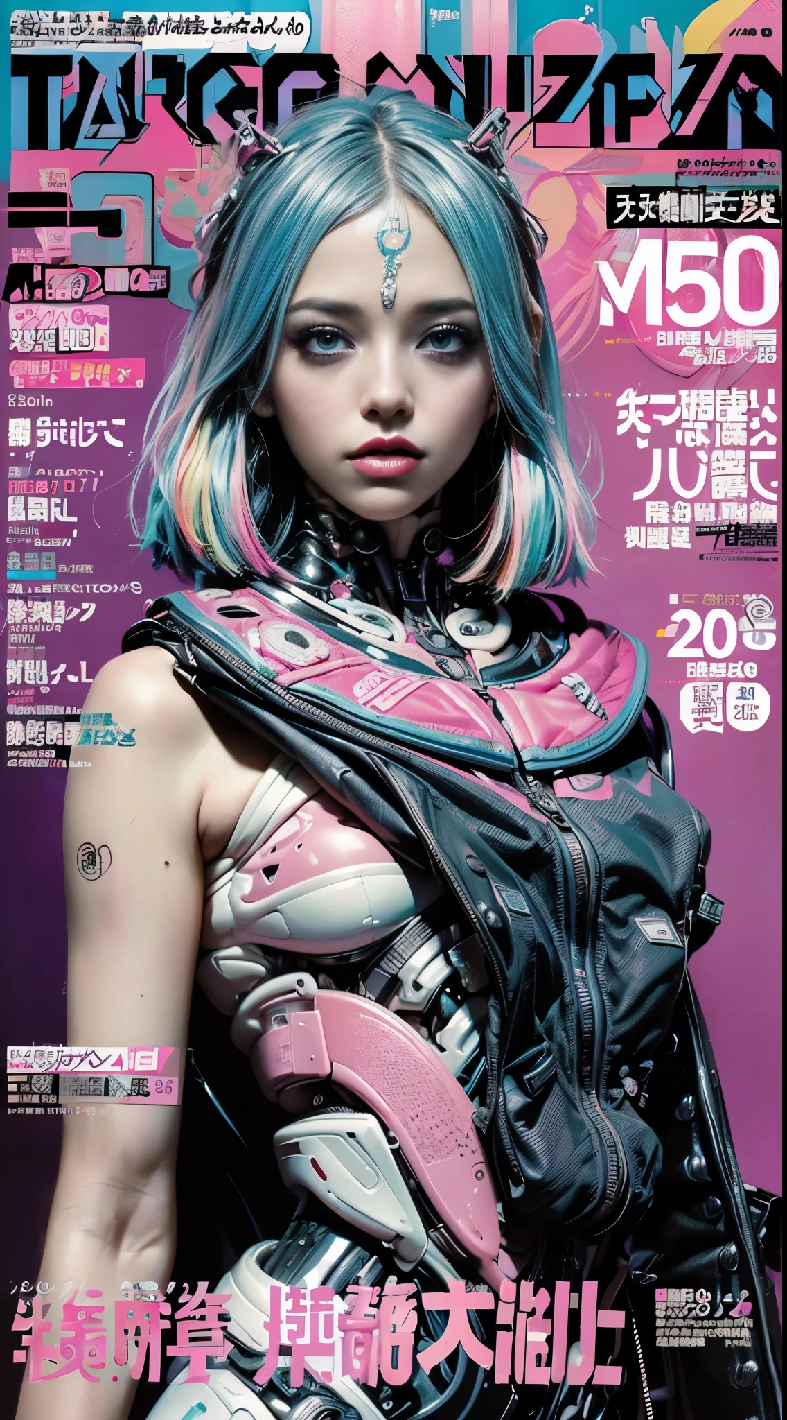 Flowing_contour biomechanical__cybernetic_airbrush___Strange__(((Japanese Harajuku style Fashion_(((colorful Magazine_cover)))__art_decor_Border)))__porcelain_and_Platinum / Futuristic Cyberpunk woman with porcelain skin, cybernetic implants.