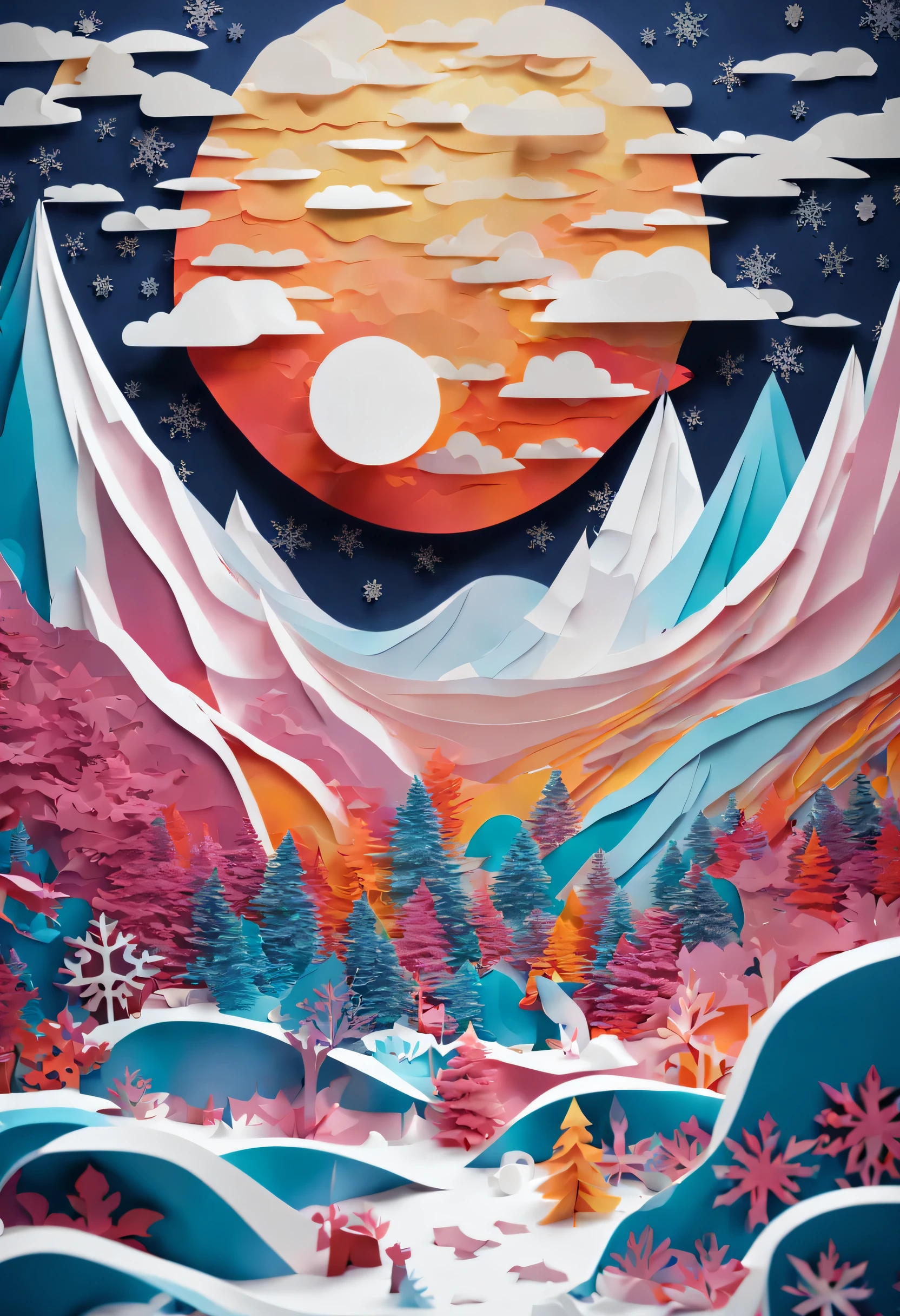 A space vision, made entirely of sheets of paper cut out in the cut-out style, kirigami and snowflakes, it's very detailed and textured. in psychedelic color style