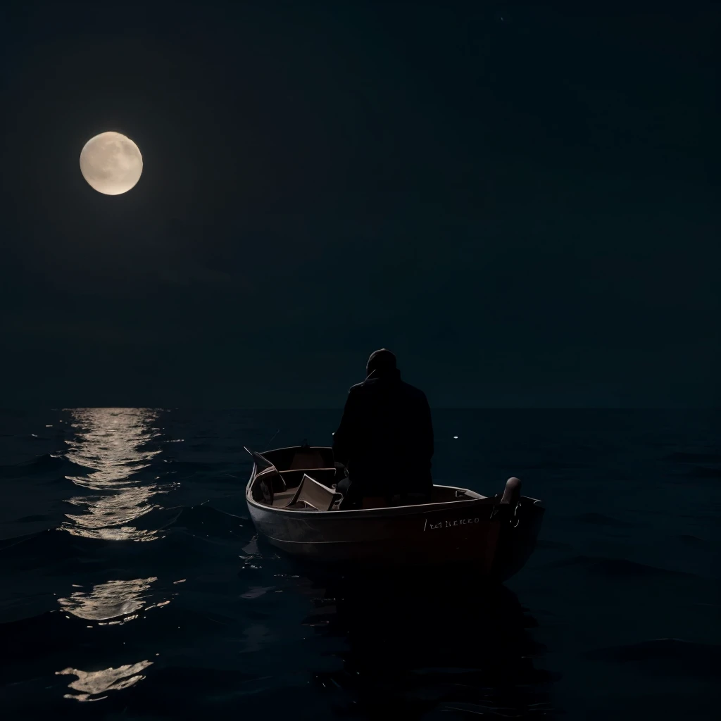 A lonely man in a boat in the middle of the sea late at night is sad and looks at the moon without showing his face. The image is almost realistic and the image is close to the man.