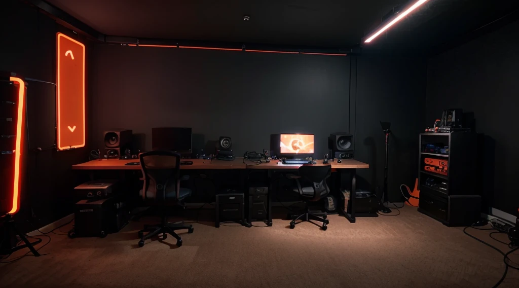 studio, dark background, orange neon lights, ultra realistic studio, game streamer room, YouTube studio