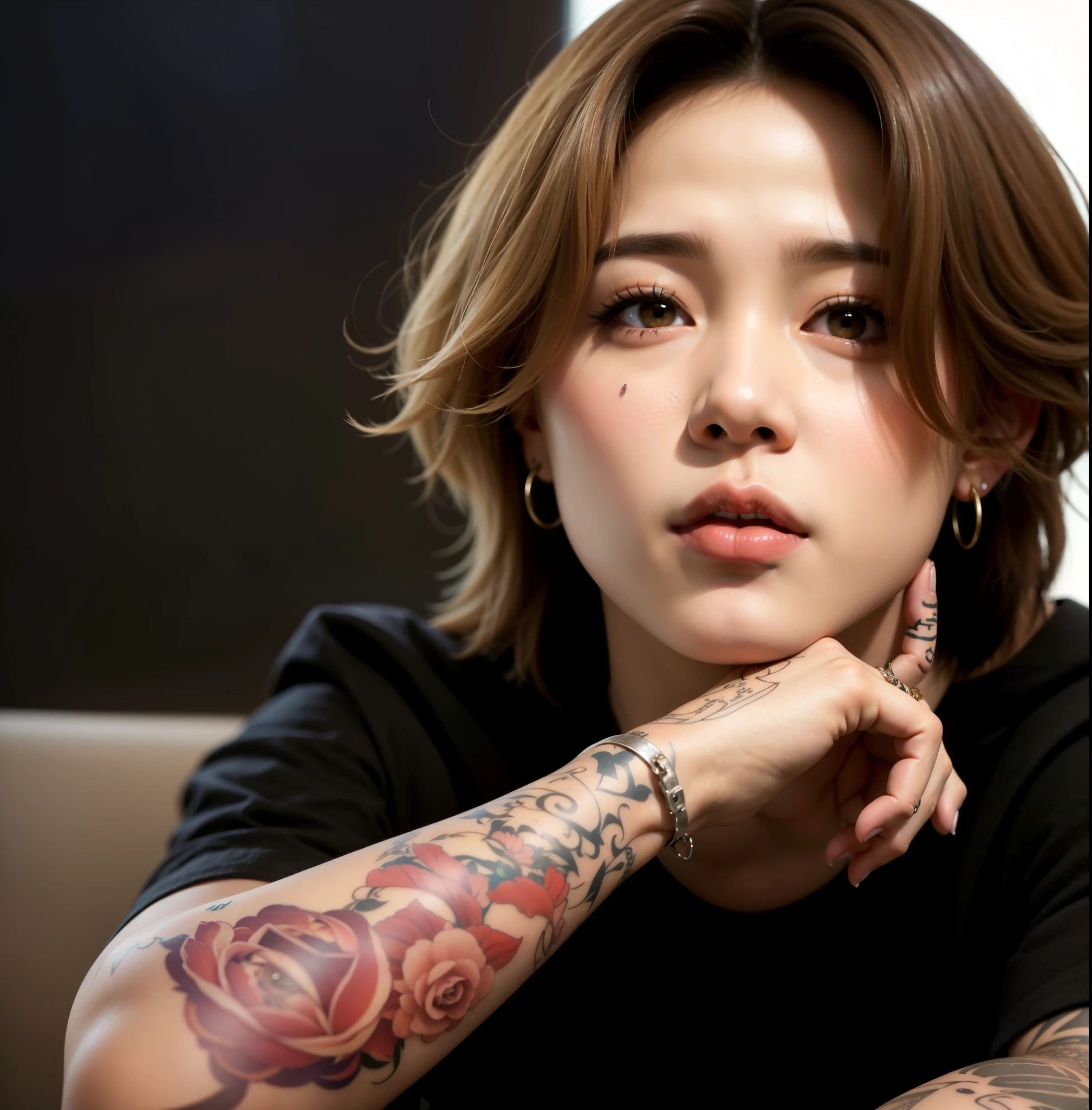 Park Jimin with tattoos on his arm and arm, inspirado em Park Jimin, Artista coreano, Portrait of Kpop idol Jimin from Bts, inspirado em Jimin, Jimin, [ arte realista ]!!, inspirado em Jimin, Jimin\Plump lips, retrato de ultra realista, Jimin\Olhos Jimin face, melhor qualidade