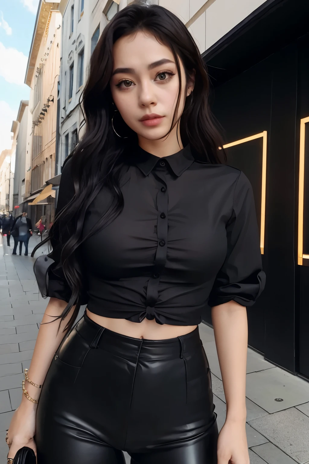 photo of beautiful woman, jadeyanh photorealistic, absurdres, black shirt, street