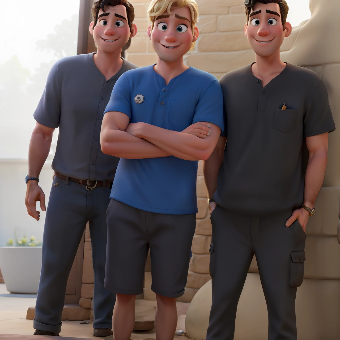 Obra-prima ao estilo Disney/Pixar in high quality and high resolution. The woman in the front is blonde and the man has black hair.