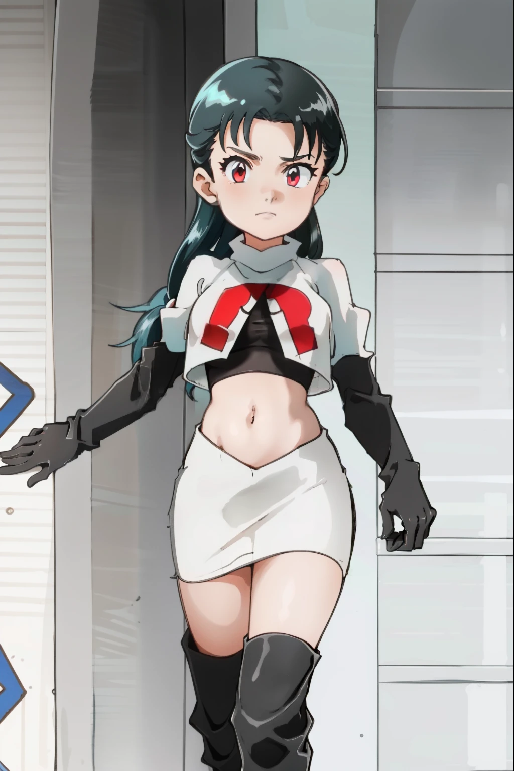 SabrinaPKMN,1girl,long hair,black hair,team rocket, team rocket uniform, red letter R, white skirt, white crop top, black thigh-high boots, black elbow gloves,