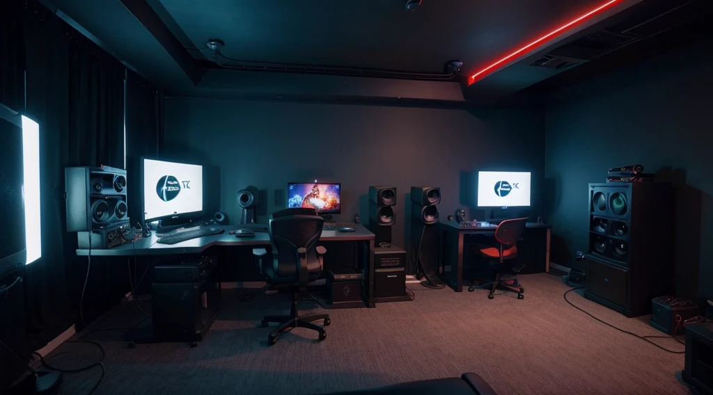 xbox, computer studio, dark background, blue and red neon lights, ultra realistic studio, game streamer room, YouTube studio