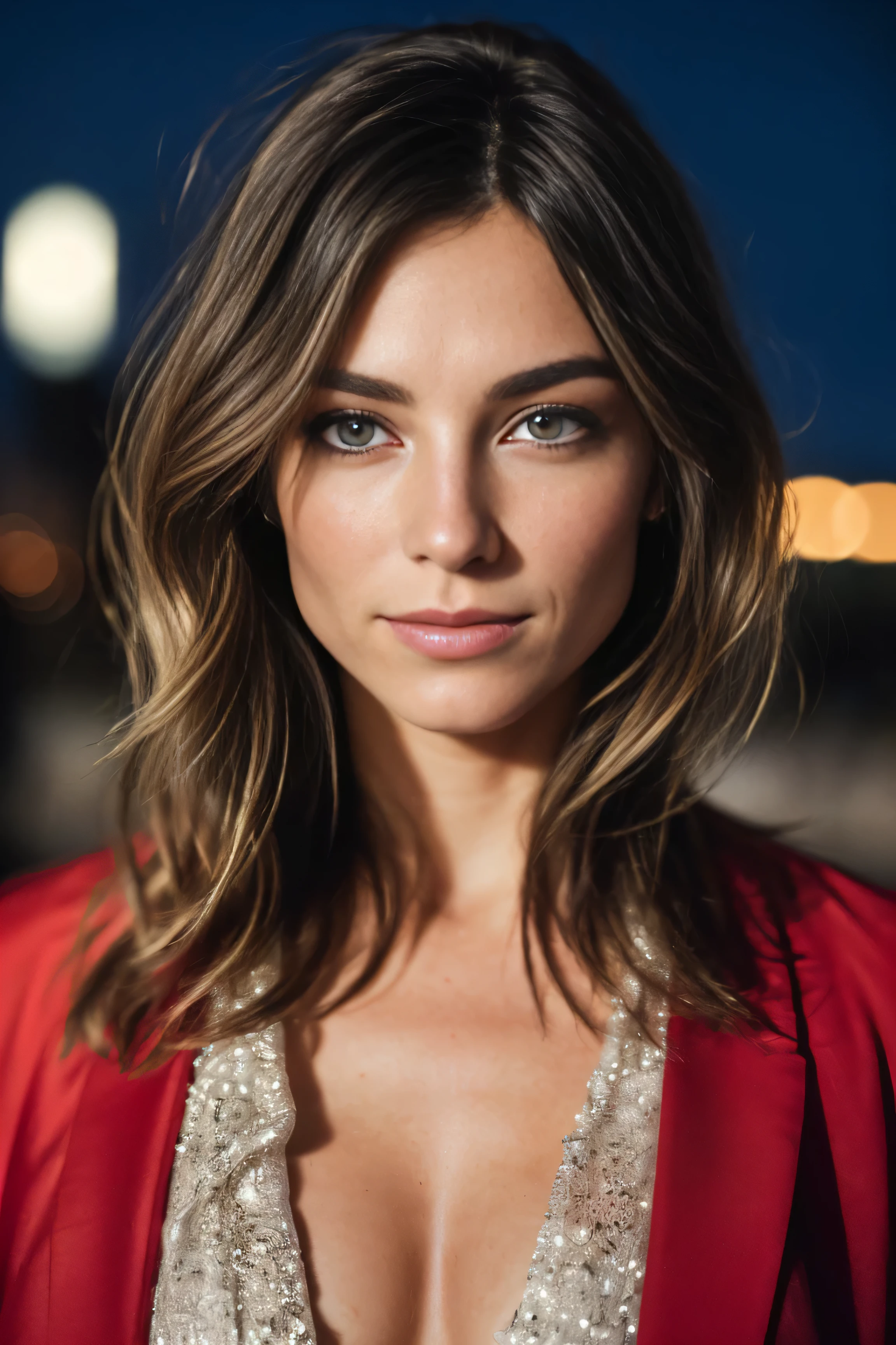 RAW uhd gros plan portrait d'Une brune de 25 ans, cheveux bruns naturels, Serrures, wavy, (Femme aux yeux bruns) dans un restaurant, Contexte pragois,seins naturels, Contexte de la nuit de la ville, (robe d'red été), (neckline), Detailed (Textures!, cheveux!, brightness, couleur!, Imperfections:1.1), highly detailed glossy eyes, (looking at the camera), lighting spéculaire, DSLR, ultra quality, mise au point tranchante, tranchant, dof, grain du film, (centered), Fujifilm XT3, Limpide, Centre Du caDre, visage mignon, mise au point tranchante, Poteau d.'lighting, neons, Bokeh, (dimly lit), Discret, la nuit, (Ciel nocturne)