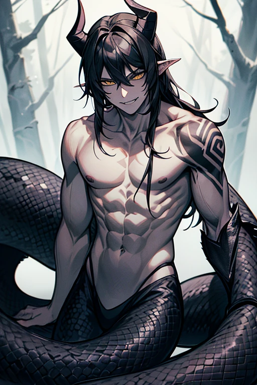 Lamiaan image a drawing of a man whose lower body is a snake, 1boy, black scales, black snake, male focus, solo, (monster boy),(snake boy), lamia, snake eyes, yellow eyes, (tsurime:1.0) , oni horns, teeth, (fang:1.0), sharp fangs, seductive smile, black hair, long hair, tired hair, muscular, ???????, (pale skin), (sharp nails), (tribal tattoo:1.0) , (background in forest), cinematic angle, masterpiece, best quality, high resolution, ultra-detailed