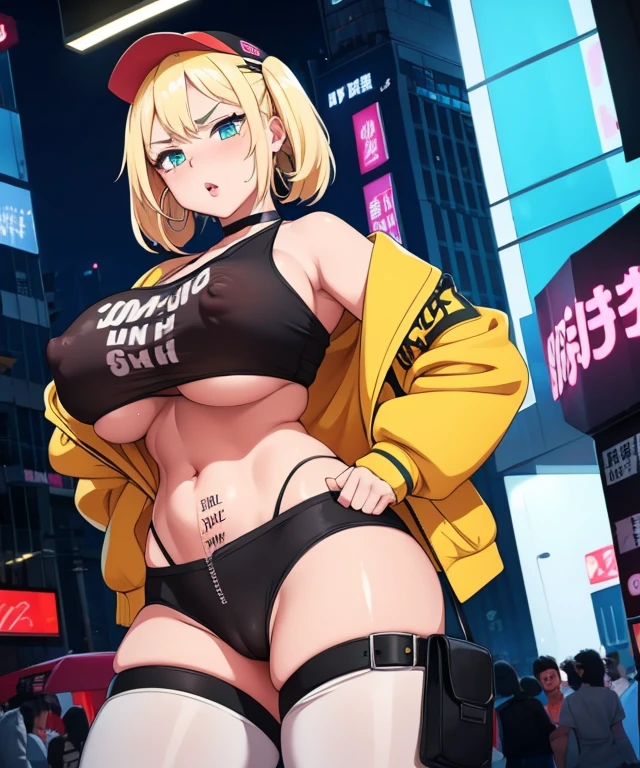1girl,  (((bimbo))),hoop earrings, big puffy lips, painted lips, thick lips. 
Blonde hair, short twintails, grumpy, wide hips, thick thighs, perky breasts, bursting breasts, Nightlife, Night city, Cyberpunk city, futuristic cityscape. Neon lights, (skyscraper:1.1), Tokyo tower, palm tree, cloth sign, ramen stall, night club. bright city lights, exotic car. alcohol, bar, ramen, soup stall ,alcohol bottles, stomach blush, overflowing breasts, rounded stomach, pubic tattoo, word underbelly tattoo, cameltoe, gymnast, sexy dolphin shorts, low hanging shorts, slutty yellow jacket, white liquid running down, no panties, white juice in between thighs, legs slightly apart, ruler tattoo, pants fly open, covered nipples, see through ripped camisole, black camisole, underboob, twisting pose, motion lines from breasts, baseball cap, anime_screencap, flashing viewer with breasts, red arrow pointing at groin tattoos