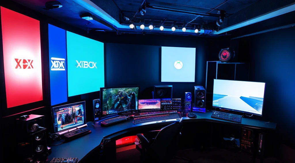 xbox, computer studio, dark background, blue and red neon lights, ultra realistic studio, game streamer room, YouTube studio