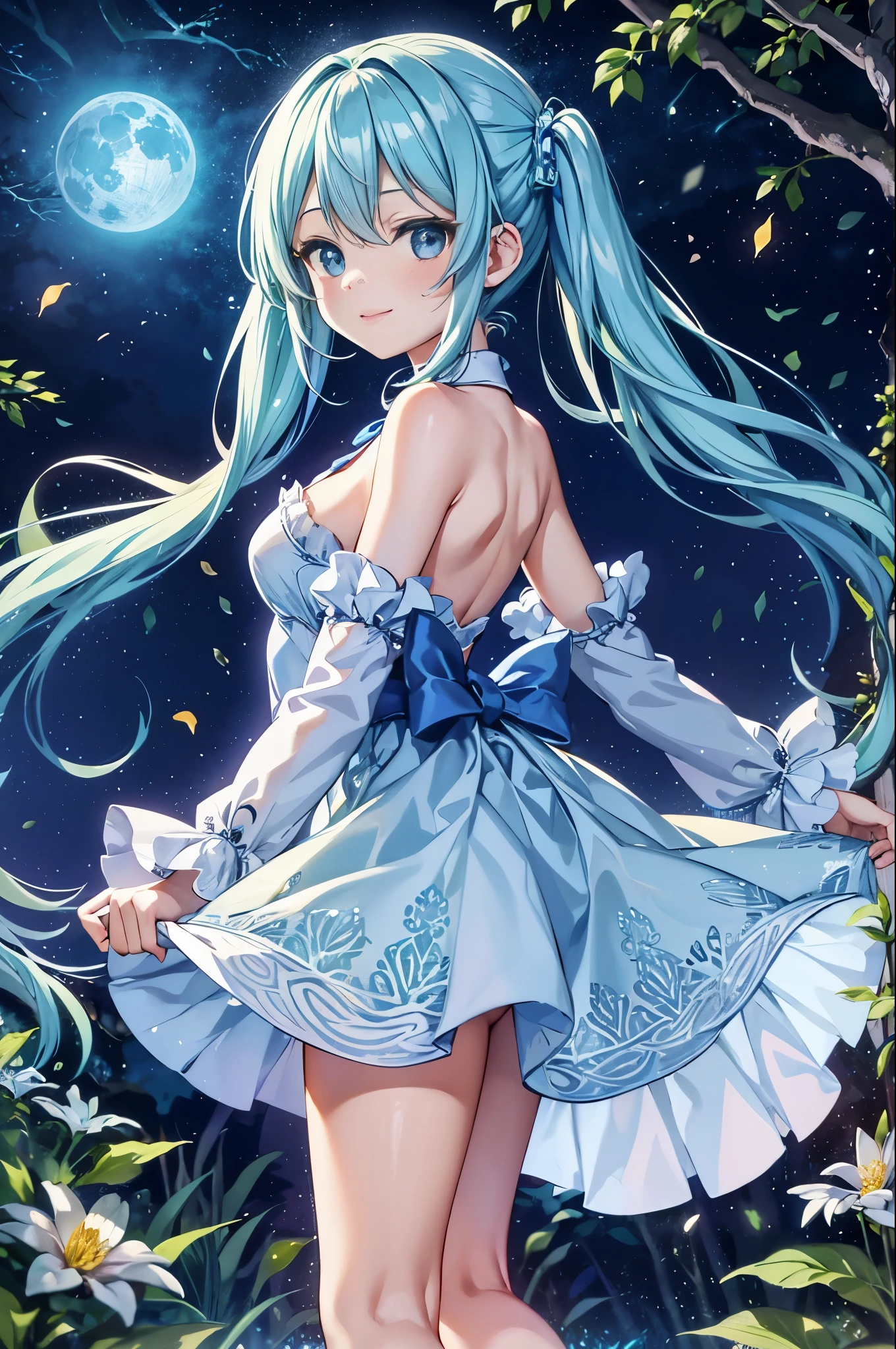 Dynamic Angle、 within a magical forest, a mystical fairy girl emerges, Light blue long hair、Hairstyle is Twintails、Adorable smile, the glow of the moonlight, flower bloom、The tree々While flapping its wings in the sparkling fireflies, There is a pure white owl、the air resonates with the ethereal symphony of nature's whispers, Creating a field where dreams and reality intersect,Fairy World、Fantasy World