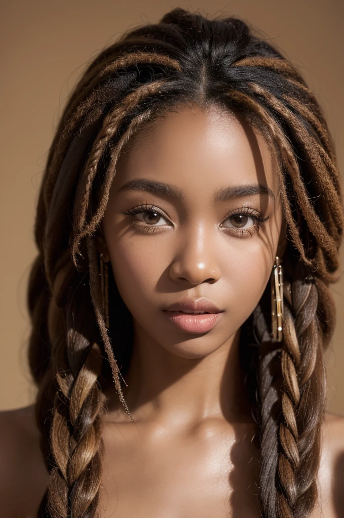 (best quality, masterpiece),(half body portrait: 1.4),RAW uhd portrait photo of a 30-year-old black american woman named Brianna Stitts, milk-chocolate colored skin, tan, intricate eye detail, dreadlocks, d-cup breasts, ultra quality
