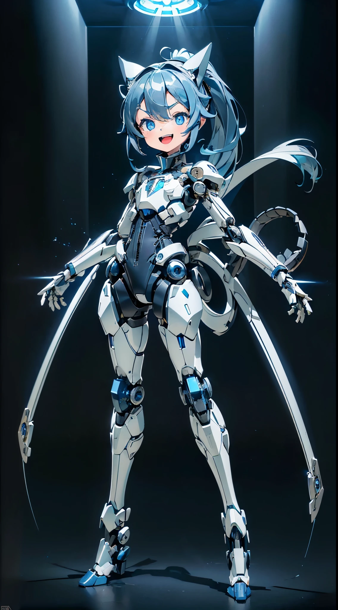 (((masterpiece))), (((Best Quality))), (((high quality))), (((beautiful))), (((8K))), (((highres))), (((absurdres))), (((exquisite))), (((Ultra high definition))), (((High resolution))) robot, (toddler:1.4), (Highly detailed and extremely complex mechanics:1.3), (extra large head:1.5), (darkblue hair), (Super long dark blue sideburns), (dark blue long ponytail), (A large ribbon made of cloth tied into one's hair), (Very small blue eyes:1.4), (Super drooping eyes:1.4), (Highly detailed eye depiction), (dark blue mechanical cat ears:1.2), (Cat tail), (very short height), (overweight), (super short legs), (Streamlined body based on pure white), White and navy blue pilot suit, White and navy blue tight-fitting clothing, White and navy blue shoulder cover clothes, White and navy blue shiny clothes, navy blue tight fit pants, White and navy blue thigh cover pants, (Machine body:1.4), (Mechanical joints:1.4), (An extremely complex machine visible through its joints:1.4), mecha musume, Mechanical parts, Robot joints, Headgear, (Laughing with open mouth:1.3), (stand on the passageway inside the ship:1.3), (full body:1.3), (pitch black background:1.4), (Infographics:1.4)