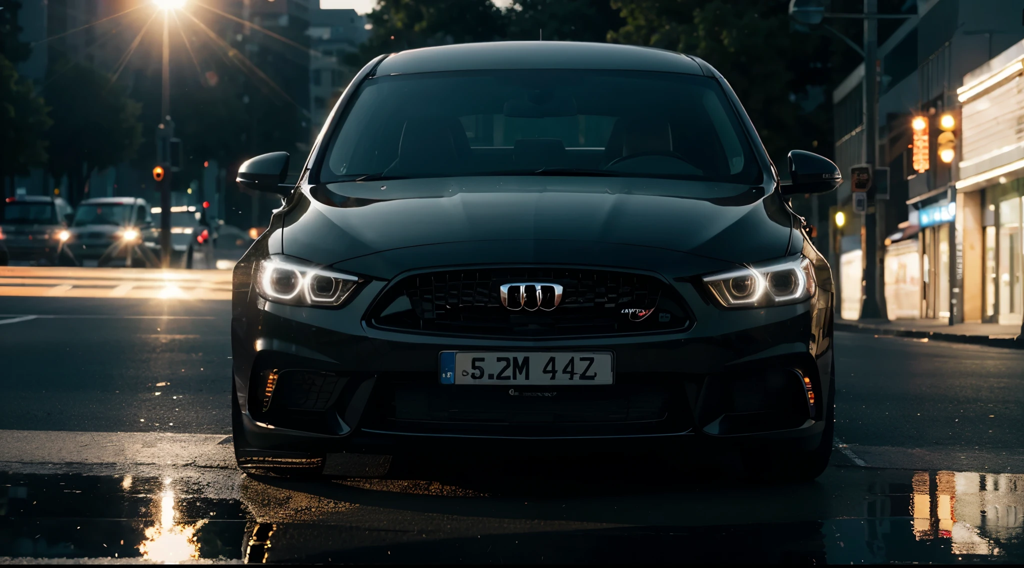 a black sporting car driving on a city, cinema lens flare, reflections in the glass, ultra resolution, professional photography style