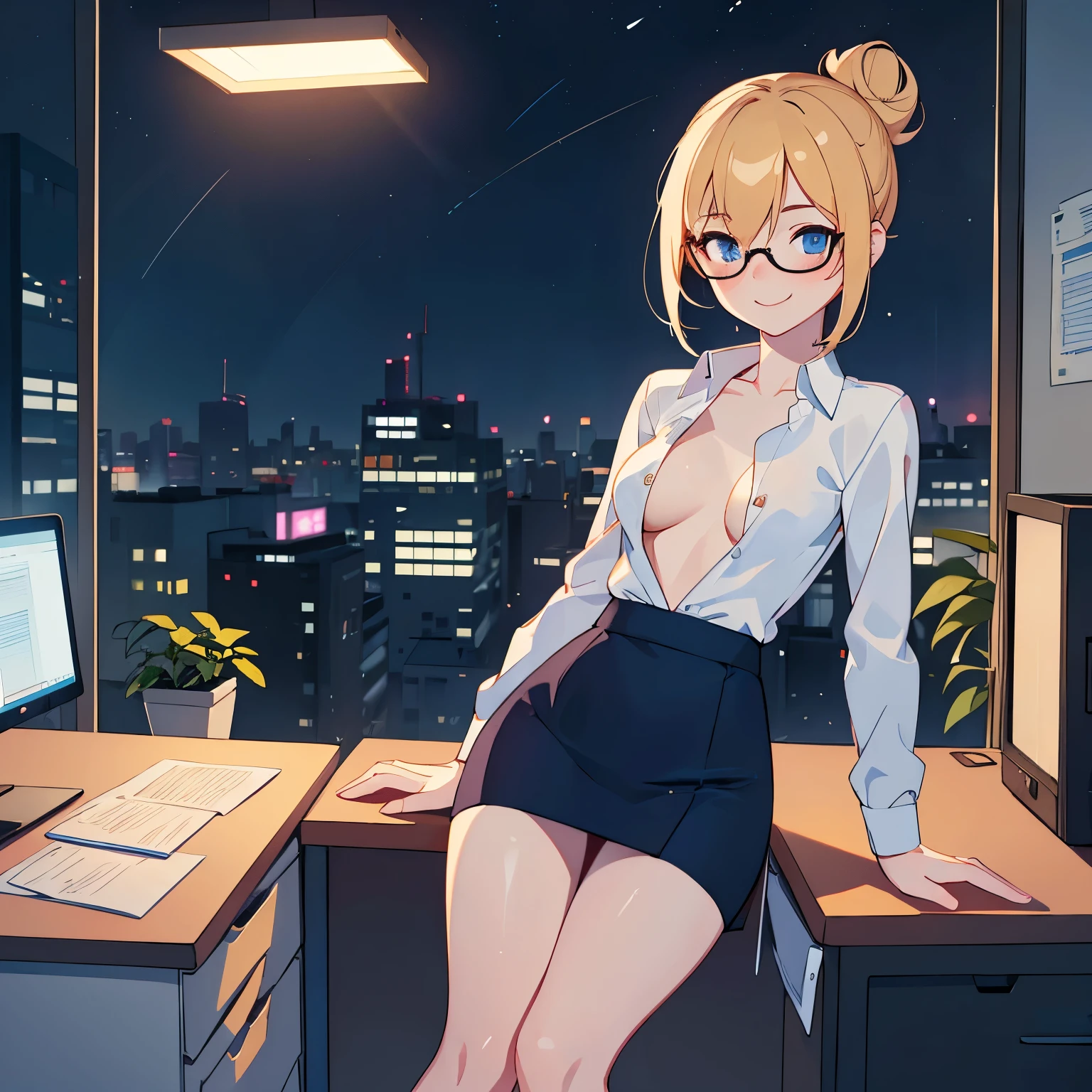 (best quality, masterpiece), 1girl, pose, (in an office), windows at night with a cityscape, looking at viewer, blonde hair, blue eyes, hair in a messy bun, beautiful woman, sexy, flirty, seductive, inviting, nsfw, smile, 20 year old woman, secretary, skirt suit, navy skirt, pencil skirt, tight skirt, navy pantyhose, slender, long legs, (small breasts: 1.2), white collared shirt, (shirt pulled open), (no bra), pink nipples, ((pale skin)), glasses, (sitting on an office desk: 1.1), office at night, dim lighting, desk lamp, computer, scattered papers