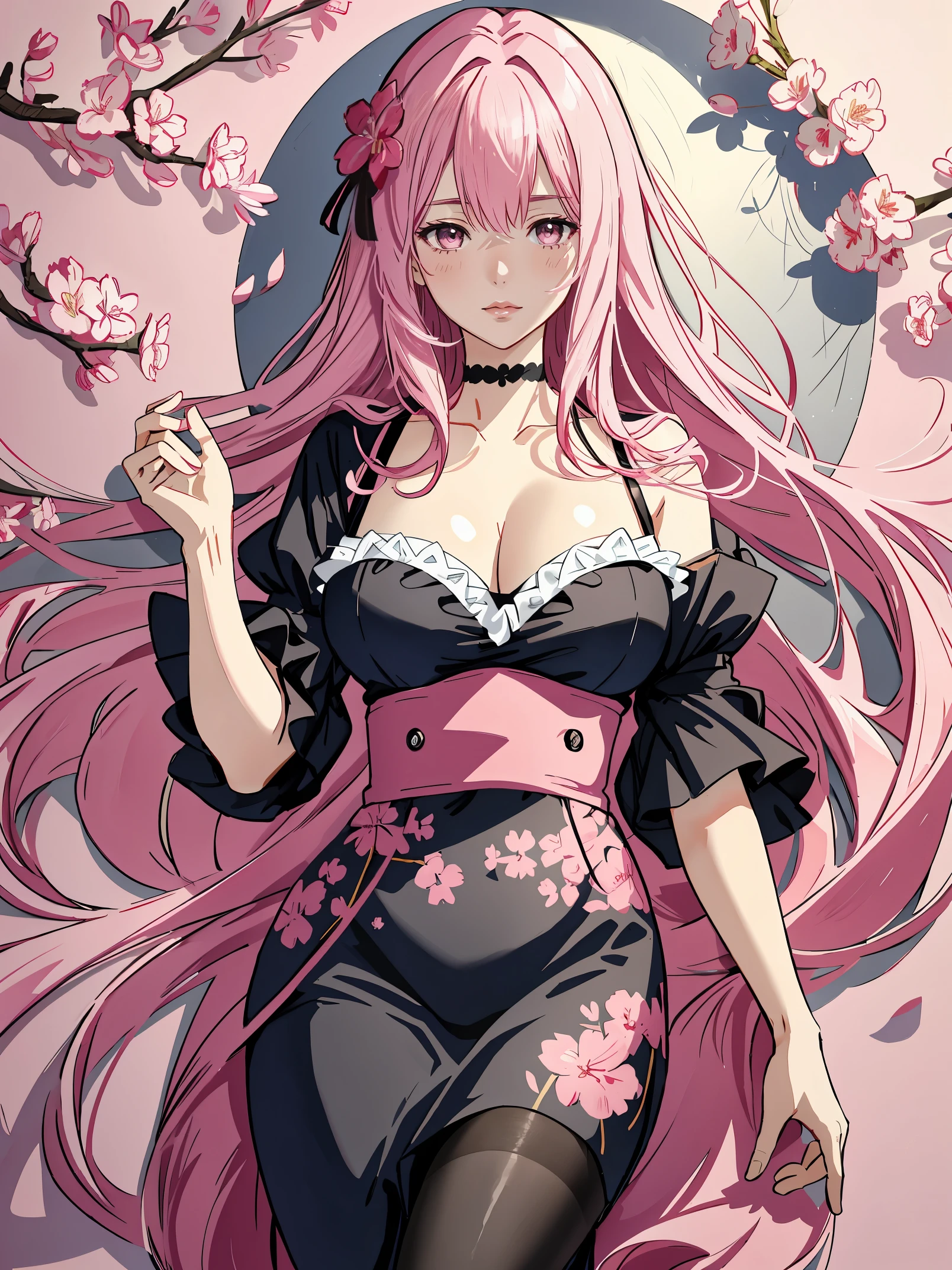 middle-aged girl,long pink hair, reddish-pink lips,in black velvet dresslak Palette,Sakura NS petal background,Flower Sea Anime illustration of her face,Hand-drawn animation,Fascinating sketch,smooth and shiny,Foggy romanticism,Super flat style,- ar 1:1-niji 5-expressive style-with 50,cleavage,Average Breasts, black silk tights