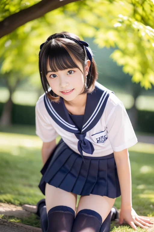 (((masterpiece))), (((Full body photo))), (One beautiful Japan girl, classmates, landscape and innocence,kawaii) ,超A high resolution, Realistic, ultra-detailliert, 8K,top-quality, Extremely detailed, Detailed background,A slender,very beautiful japanese girl, Detailed face:1.3), (Bery short hair,A dark-haired :1.4), (a baby face,kawaii系,adorable 14 year old girl), (Perfect body:1.1), (Neat sailor suit,Dark blue mini skirt、Dark blue high socks、lowfers), on the grass in the park,Requisitioning smile,Please show me your beautiful teeth,((Focus on the crotch,The skirt is rolled up、Panties are visible,Underwear is sheer)),sexy pose,Turn、rosy cheeks,Super Detailed Face、Detailed lips、A detailed eye、small gravure idol,Transparent skin、ta,japanese hight school uniform,Shade,Under a big tree,电影灯光