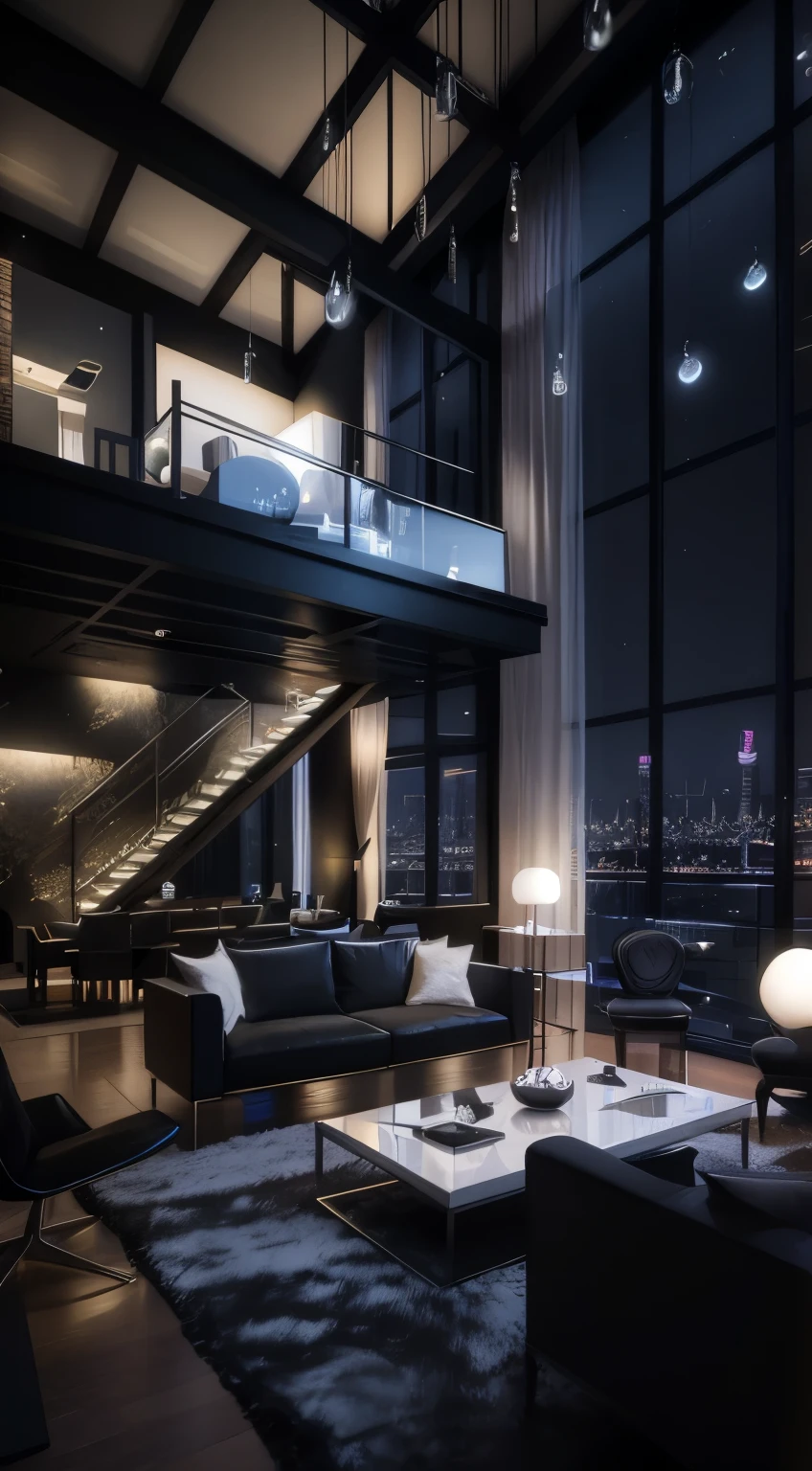 Alfide ist vom Wohnzimmer mit Treppe und Balkon aus zu sehen, Luxus-Eigentumswohnung Interieur, Luxurious surroundings, Schicke Wohnung, Penthouse, Luxus-HD-Rendering, dunkel und modern, Luxurious interior ambience, Neo - Noir Vertonung, Hohe Fenster sind beleuchtet, Bild eines Innenlofts, LuxusLebensstil, Innenraum eines Lofts, Stadtwohnung, Dramatisches Licht-Rendering, Apartment with black walls