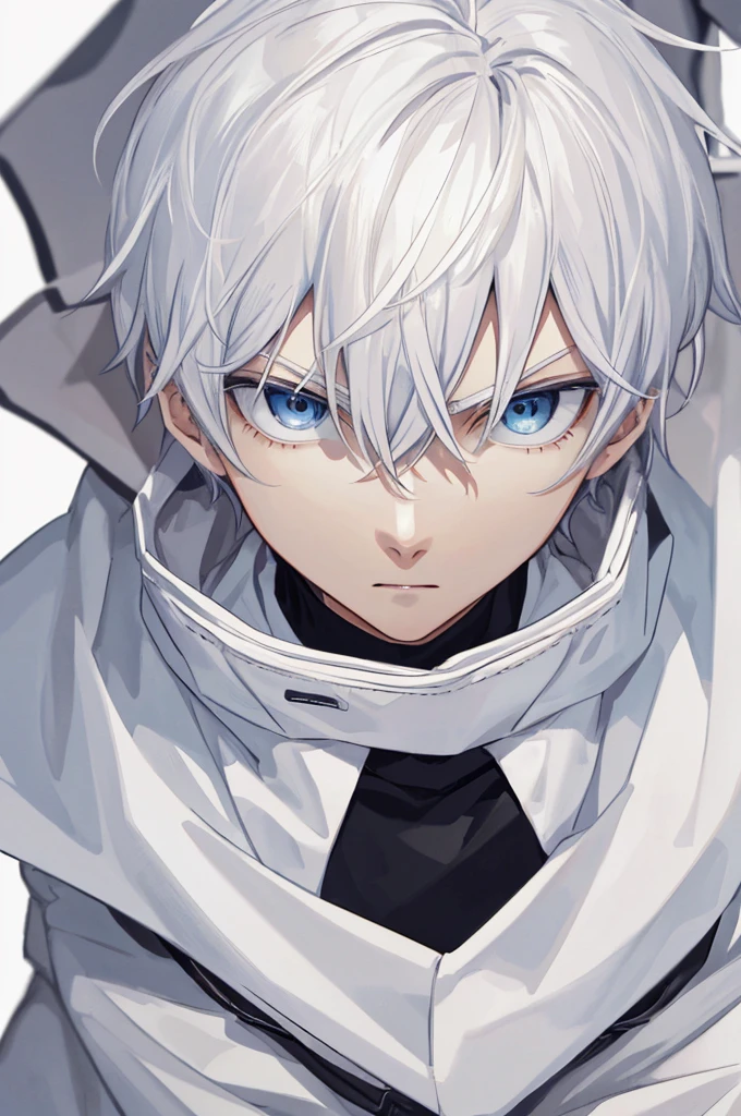 Copy A man with an amazed expression, wearing a sweatshirt with his short platinum hair, all white backdrop, anime art style, focusing on your face