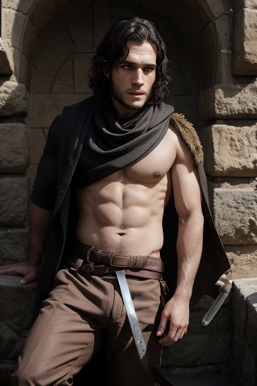 sharpened man in a brown outfit with a sword and a scarf, John Snow, Jon Neve, not shirt, como um personagem de fantasia medieval, of a not shirt, meio tiro de um hunky, Paulo Atreides, Adam Motorista, Adam Motorista as a centaur warrior, Macho bonito, de tronos, homem bonito, Herry Cavill