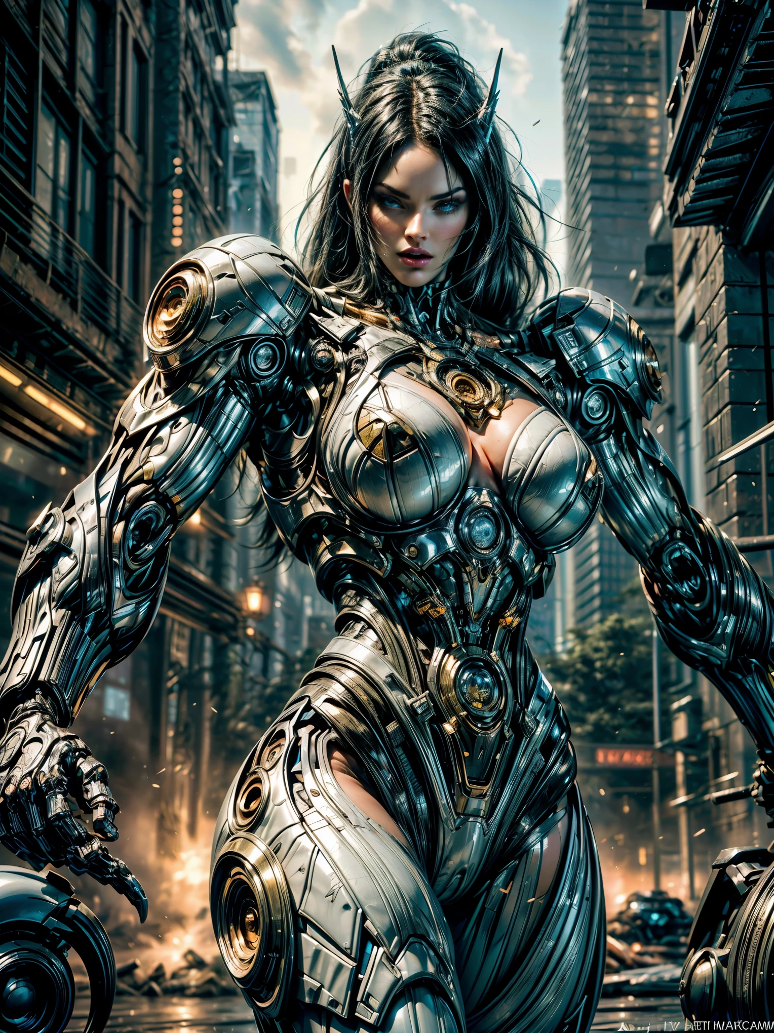 (megan fox), Cinematic, hyper-detailed, and insanely detailed, this artwork captures the essence of a muscular cyborg girl. Beautiful color grading, enhancing the overall cinematic feel. Unreal Engine brings her anatomic cybernetic muscle suit to life, appearing even more mesmerizing. With the use of depth of field (DOF), every detail is focused and accentuated, drawing attention to her eyes and the intricate design of the anatomic cybernetic muscle suit . The image resolution is at its peak, utilizing super-resolution technology to ensure every pixel is perfect. Cinematic lighting enhances her aura, while anti-aliasing techniques like FXAA and TXAA keep the edges smooth and clean. Adding realism to the anatomic cybernetic muscle suit, RTX technology enables ray tracing. Additionally, SSAO (Screen Space Ambient Occlusion) gives depth and realism to the scene, the girl's anatomic cybernetic muscle suit become even more convincing. In the post-processing and post-production stages, tone mapping enhances the colors, creating a captivating visual experience. The integration of CGI (Computer-Generated Imagery) and VFX (Visual Effect brings out the anatomic cybernetic muscle suit's intricate features in a seamless manner. SFX (Sound Effects) complement the visual artistry, immersing the viewer further into this fantastic world. The level of detail is awe-inspiring, with intricate elements meticulously crafted, the artwork hyper maximalist and hyper-realistic. Volumetric effects add depth and dimension, and the photorealism is unparalleled. The image is rendered in 8K resolution, ensuring super-detailed visuals. The volumetric lightning adds a touch of magic, highlighting her beauty and the aura of her anatomic cybernetic muscle suit in an otherworldly way. High Dynamic Range (HDR) technology makes the colors pop, adding richness to the overall composition. Ultimately, this artwork presents an unreal portrayal of a super muscled cyborg girl