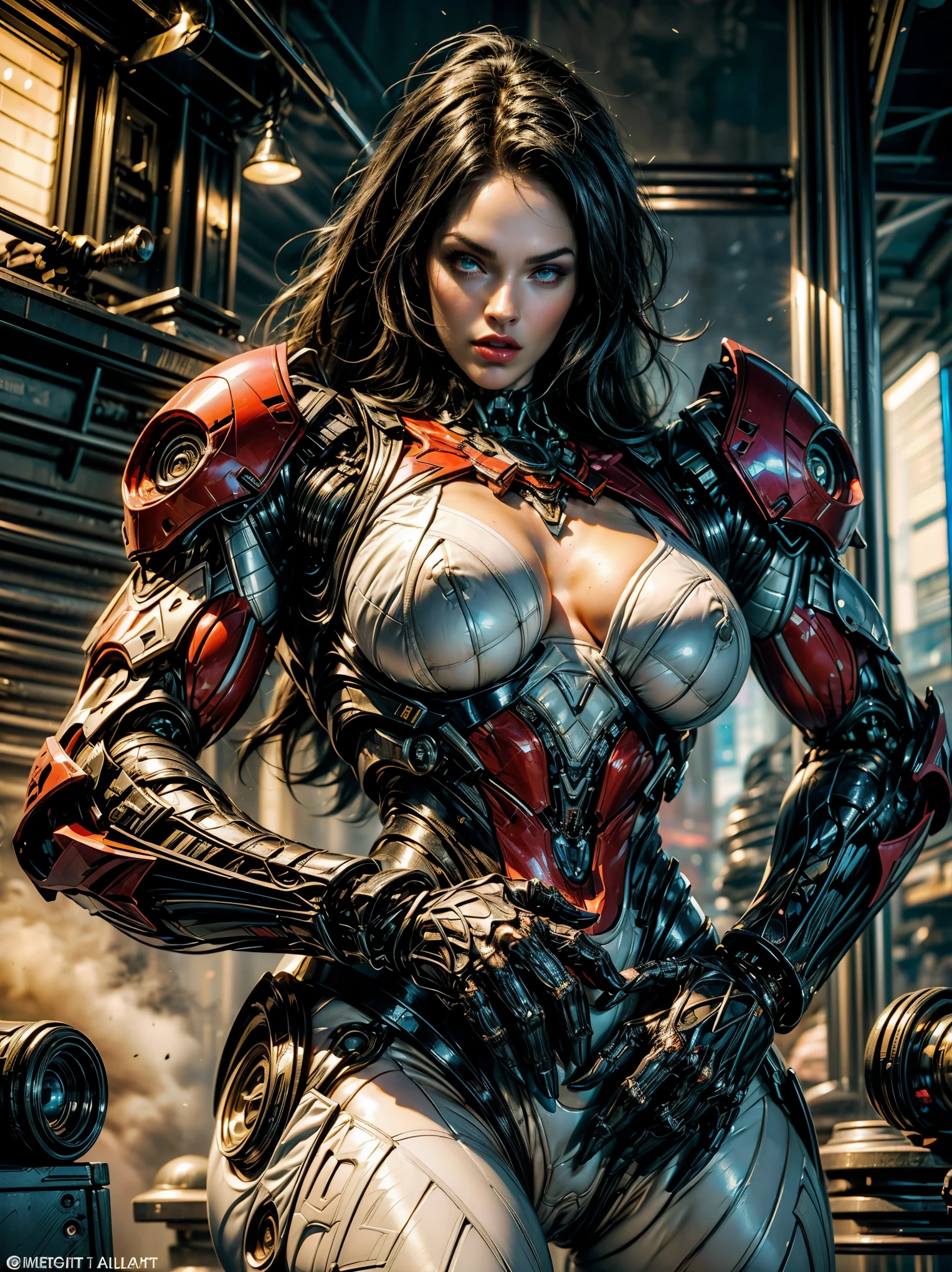 (megan fox), Cinematic, hyper-detailed, and insanely detailed, this artwork captures the essence of a muscular cyborg girl. Beautiful color grading, enhancing the overall cinematic feel. Unreal Engine brings her anatomic cybernetic muscle suit to life, appearing even more mesmerizing. With the use of depth of field (DOF), every detail is focused and accentuated, drawing attention to her eyes and the intricate design of the anatomic cybernetic muscle suit . The image resolution is at its peak, utilizing super-resolution technology to ensure every pixel is perfect. Cinematic lighting enhances her aura, while anti-aliasing techniques like FXAA and TXAA keep the edges smooth and clean. Adding realism to the anatomic cybernetic muscle suit, RTX technology enables ray tracing. Additionally, SSAO (Screen Space Ambient Occlusion) gives depth and realism to the scene, the girl's anatomic cybernetic muscle suit become even more convincing. In the post-processing and post-production stages, tone mapping enhances the colors, creating a captivating visual experience. The integration of CGI (Computer-Generated Imagery) and VFX (Visual Effect brings out the anatomic cybernetic muscle suit's intricate features in a seamless manner. SFX (Sound Effects) complement the visual artistry, immersing the viewer further into this fantastic world. The level of detail is awe-inspiring, with intricate elements meticulously crafted, the artwork hyper maximalist and hyper-realistic. Volumetric effects add depth and dimension, and the photorealism is unparalleled. The image is rendered in 8K resolution, ensuring super-detailed visuals. The volumetric lightning adds a touch of magic, highlighting her beauty and the aura of her anatomic cybernetic muscle suit in an otherworldly way. High Dynamic Range (HDR) technology makes the colors pop, adding richness to the overall composition. Ultimately, this artwork presents an unreal portrayal of a super muscled cyborg girl