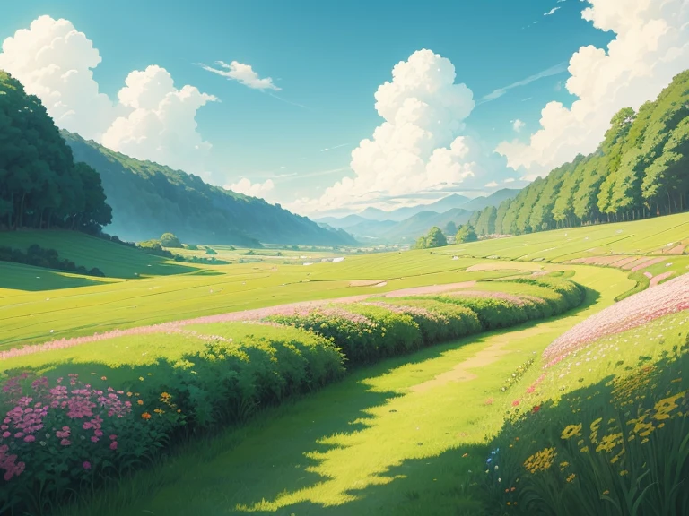 Masterpiece, Best quality, grassland with flowers, sky, clouds on the sky, Studio Ghibli style, Hayao Miyazaki style