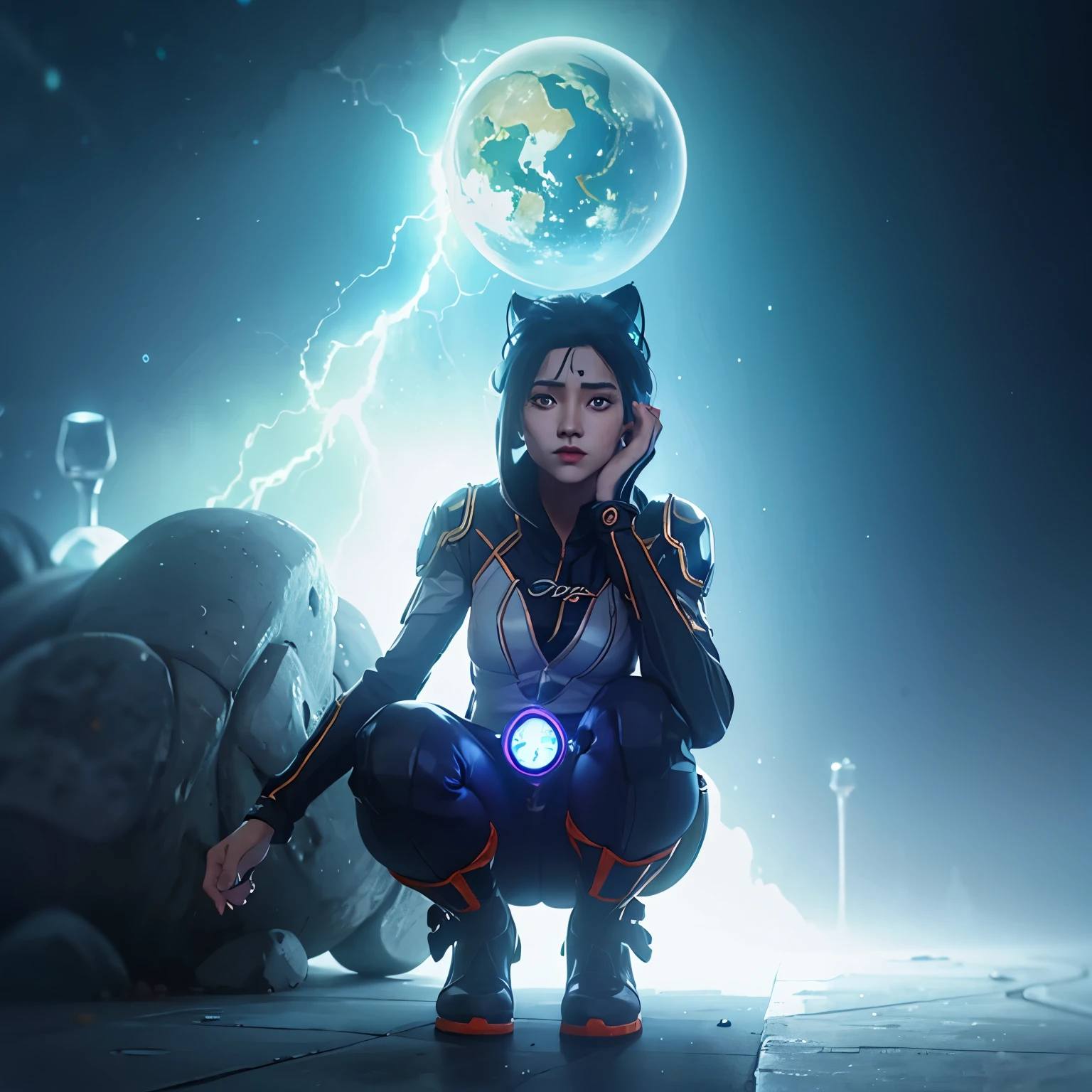 Sc-fi stylized levitating female cyborg. Transparent helmet, face completely covered. Multi-layered long raincoat-like cape covering full body. Big futuristic gravitational robo-boots. Dark blue, light grey, green colors. Blue, turquoise and orange neon. Bubbles floating around. Creates orange glowings spheres with both hands. Facing camera. Water storm i the background. Anime style.