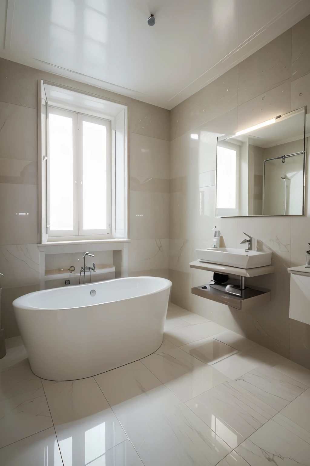 Badezimmer eines Penthouses in einem Hochaus in Wien, lots of space and large shower, Cozy lighting, Hyperrealistisch, 32 Tsd., best qulaity, Meisterwerk, Super detailliert, Hohe Detailgenauigkeit, Hyperrealismus, Weiches Licht, scharf:1.2), (fotorealistisch:1.6)