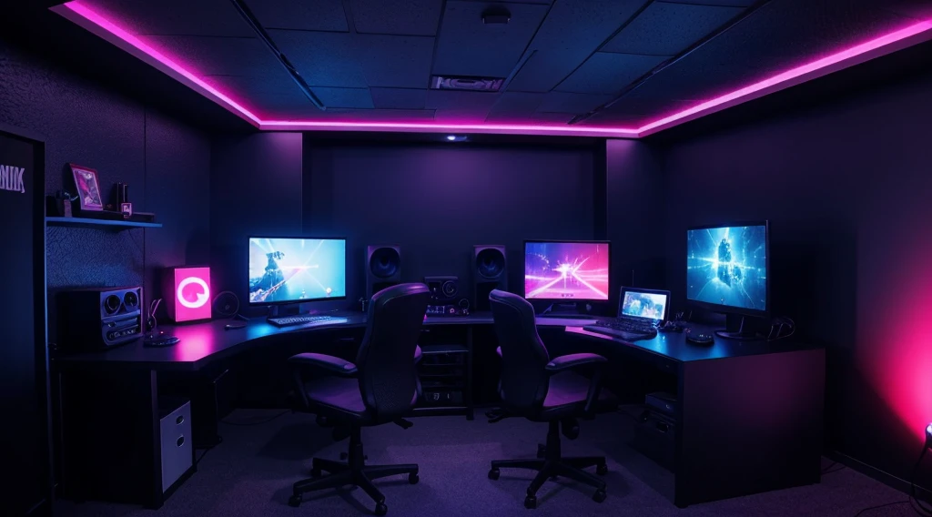 computer studio, dark background, neon lights, ultra realistic studio, game streamer room, YouTube studio