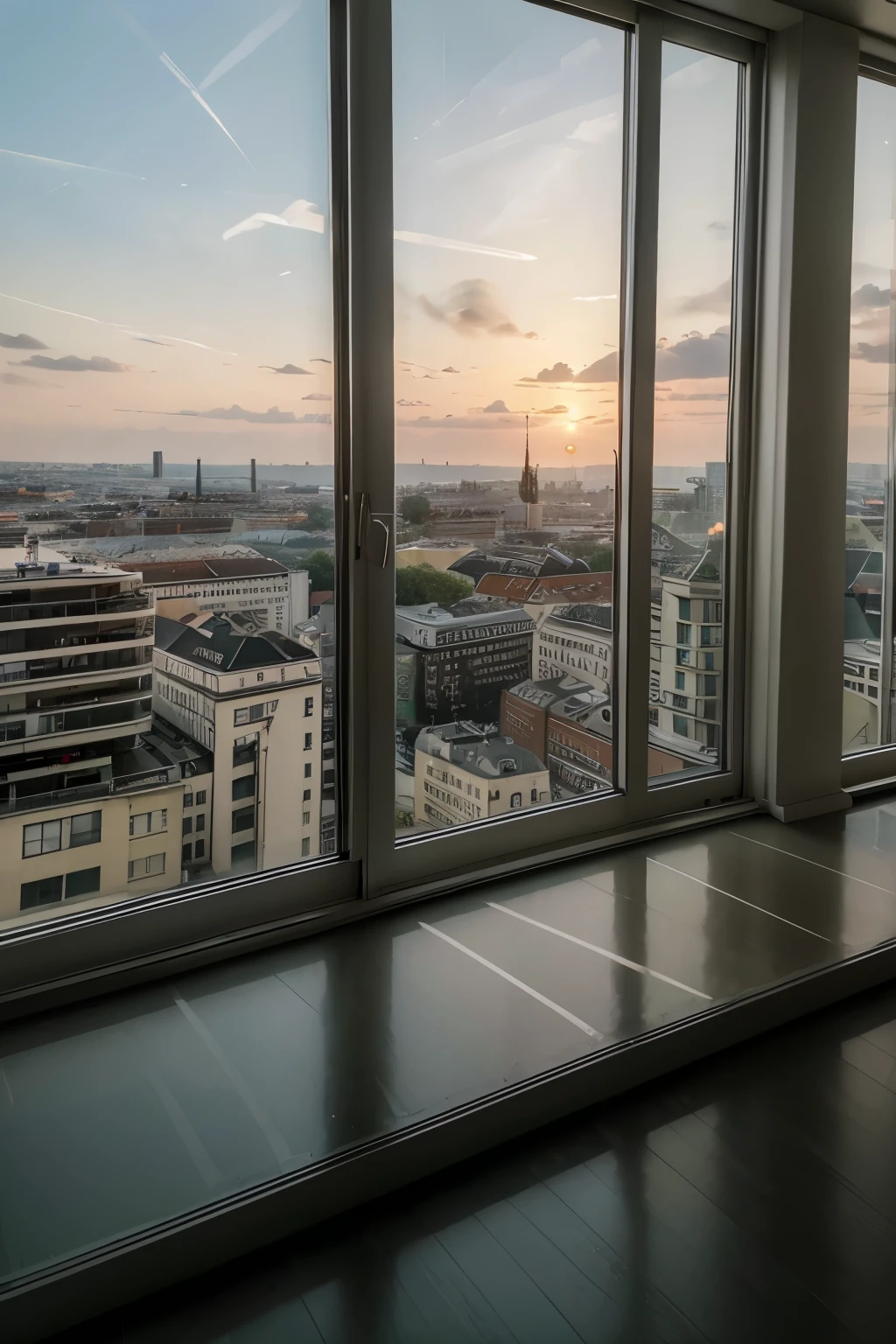 Penthouse in a high-rise building in Vienna in a bird's eye view with lots of windows and cozy lighting, Hyperrealistisch, 32 Tsd., best qulaity, Meisterwerk, Super detailliert, Hohe Detailgenauigkeit, Hyperrealismus, Weiches Licht, scharf:1.2), (fotorealistisch:1.6)