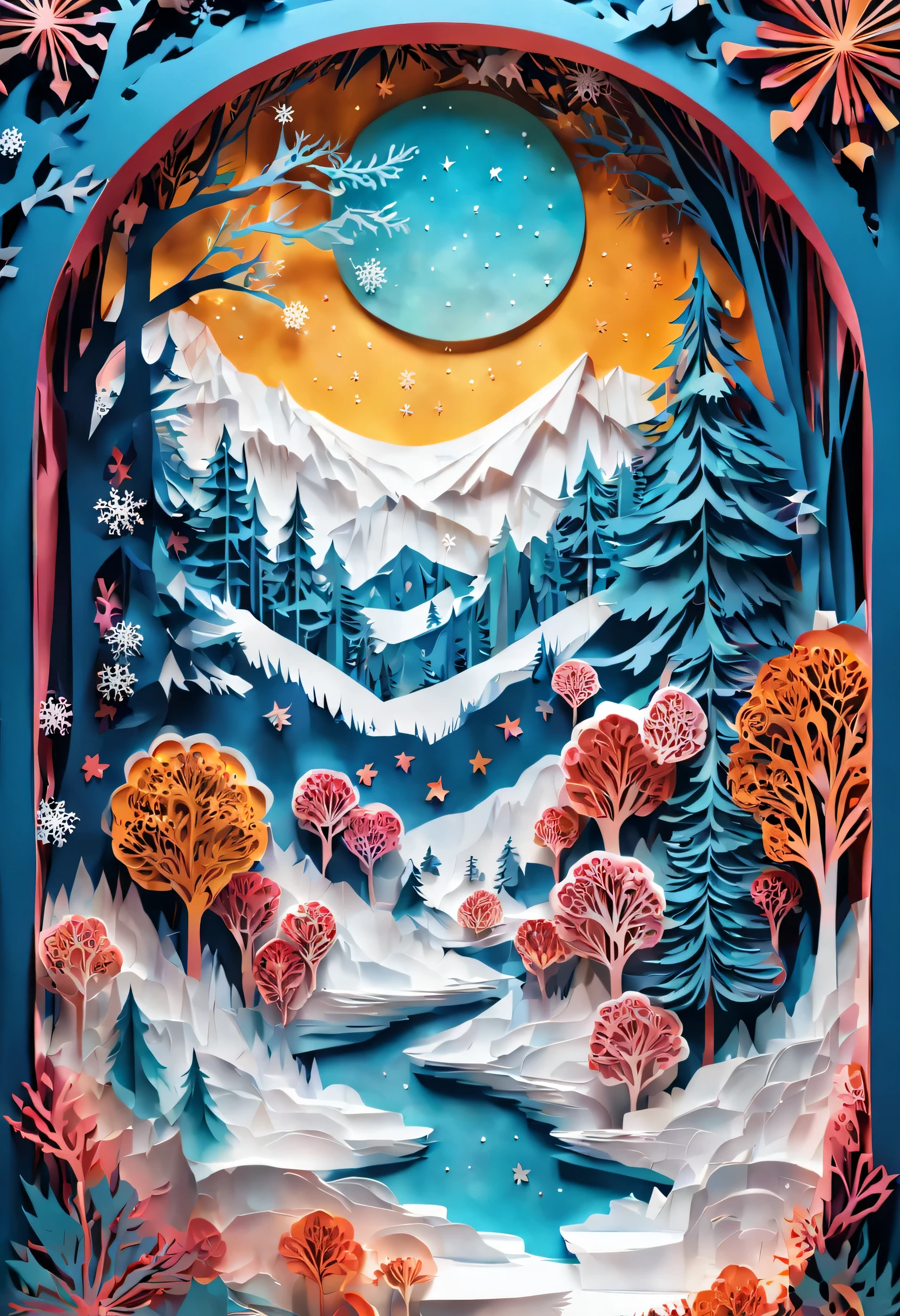 A space vision, made entirely of sheets of paper cut out in the cut-out style, kirigami and snowflakes, it's very detailed and textured. in psychedelic color style