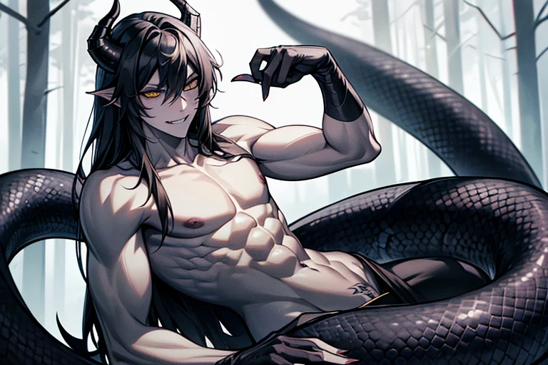 Lamiaan image a drawing of a man whose lower body is a snake, 1boy, black scales, black snake, male focus, solo, (monster boy),(snake boy), lamia, snake eyes, yellow eyes, (tsurime:1.0) , oni horns, teeth, (fang:1.0), sharp fangs, seductive smile, black hair, long hair, tired hair, muscular, topless, (pale skin), (sharp nails), (tribal tattoo:1.0) , (background in forest), cinematic angle, masterpiece, best quality, high resolution, ultra-detailed