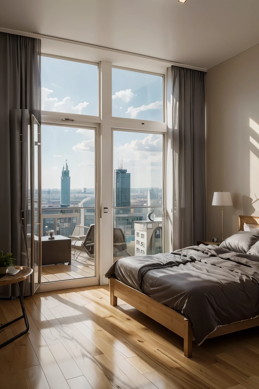 Penthouse in a high-rise building in Vienna in a bird&#39;s eye view with lots of windows and cozy lighting, Hyperrealistisch, 32 Tsd., best qulaity, Meisterwerk, Super detailliert, Hohe Detailgenauigkeit, Hyperrealismus, Weiches Licht, scharf:1.2), (fotorealistisch:1.6)