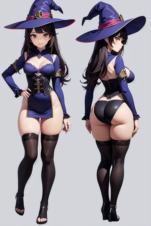 ((masterpiece)),(((best quality))),(character design sheet, same character, same outfit, front view, side view, back view), illustration, 1 girl, alone, beautiful girl, genshin impact style, full body, witch, purple witch costume, big witch hat, golden eyes, long black hair, , corset, , thick thighs, black tight thigh stockings, big .