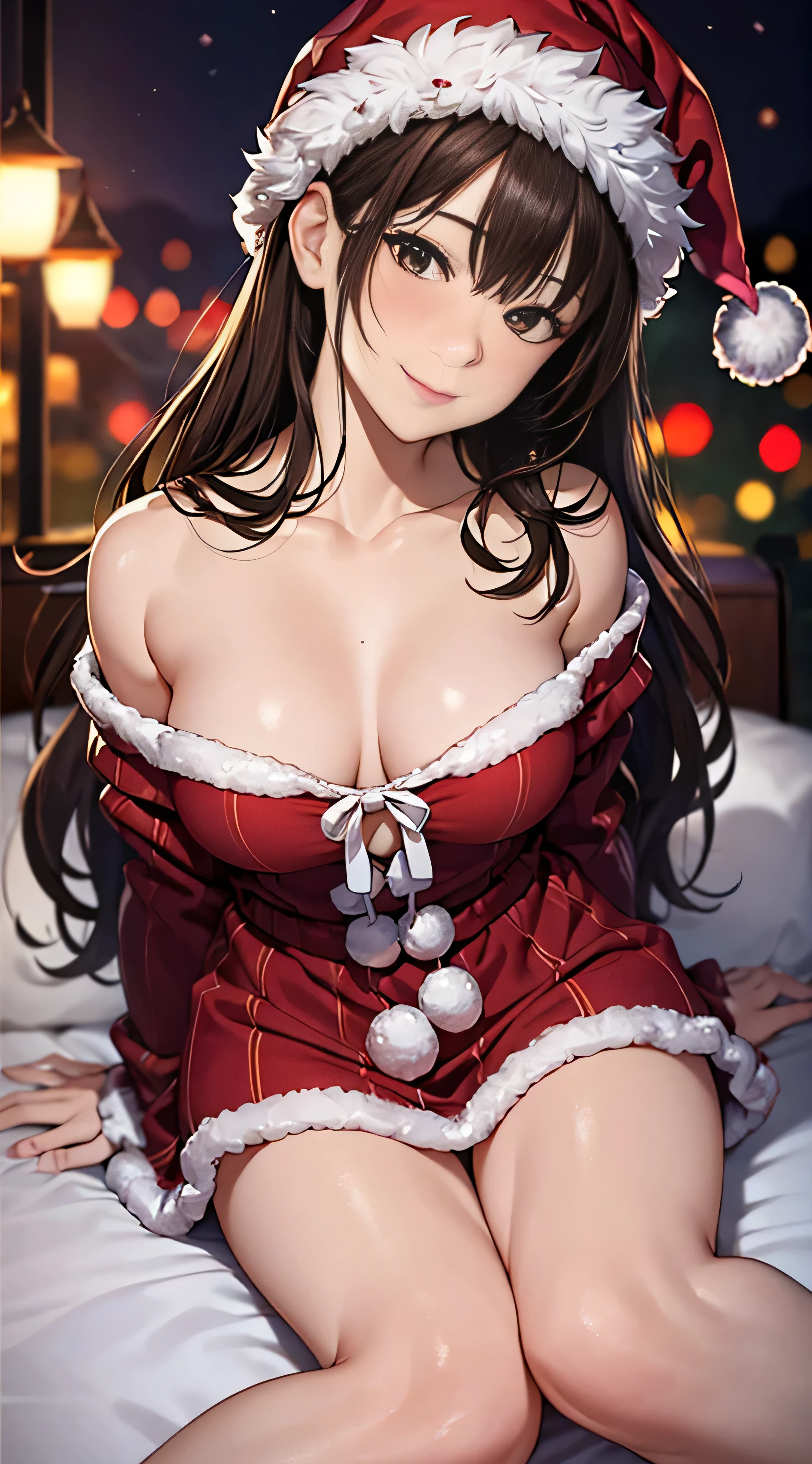 ((masutepiece, Best Quality, hight resolution, nffsw, Perfect Pixel, 4K, nffsw, nffsw))), 1girl in, Single, Solo, Beautie、full body seen、 ((Medium length wavy hair, Bangs, Brown hair)), ((Brown-eyed, Beautiful eyelashes, Realistic eyes)), ((Detailed face, Blushing:1.2)), ((Smooth texture:0.75, Realistic texture:0.65, Photorealistic:1.1, Anime CG style)), medium breasts, Dynamic Angle, Perfect body, (Santa Claus Costume、Red knitted hat、Red off-the-shoulder sweater、Long flared skirt、no-bra)), Christmas Lights、Sleeping in a hotel bed、opens legs、rub one's breasts、、Very embarrassing panic smile、Open your mouth and make a surprised face、、、White lace panties)、
