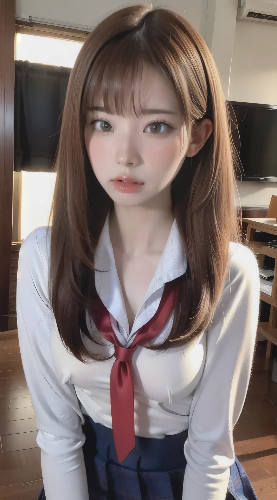 Cinematic scene,Fantasy Art,Highest image quality,hyperrealistic portrait,(8K),Ultra-realistic,Best Quality,High quality,High Definition,high quality texture,high detailing,Beautiful detailed,fine detailed,extremely details CG,Detailed texture,realistic representation of face,masutepiece,presence,Dynamic,Bold,1gir,Ultra detailed skin,Curve,Petite,Beautiful breasts,Large breasts,pale skin,pointed breast,Erect nipples,(super thin hair),(ultra soft hair),(ultra straight hair),Swept long bangs,very light coppery amber hair,Hair over one eye,Clothed,School uniform