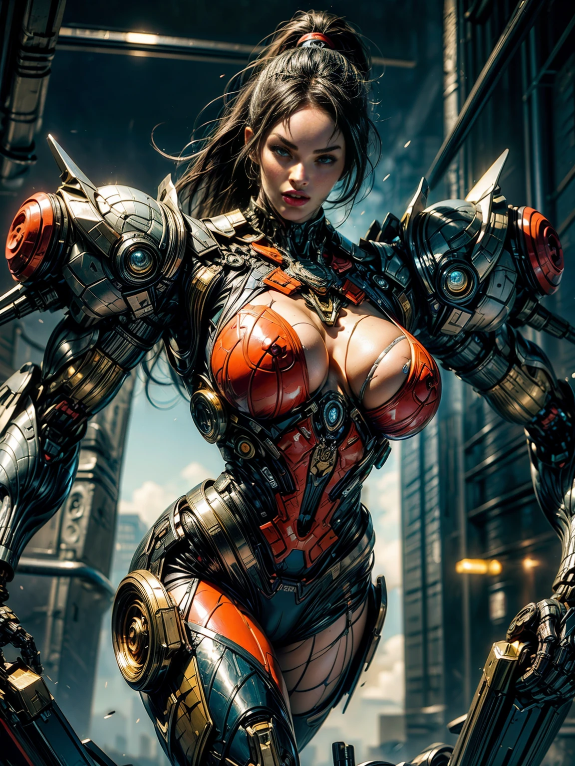 (megan fox), Cinematic, hyper-detailed, and insanely detailed, this artwork captures the essence of a muscular cyborg girl. Beautiful color grading, enhancing the overall cinematic feel. Unreal Engine brings her anatomic cybernetic muscle suit to life, appearing even more mesmerizing. With the use of depth of field (DOF), every detail is focused and accentuated, drawing attention to her eyes and the intricate design of the anatomic cybernetic muscle suit . The image resolution is at its peak, utilizing super-resolution technology to ensure every pixel is perfect. Cinematic lighting enhances her aura, while anti-aliasing techniques like FXAA and TXAA keep the edges smooth and clean. Adding realism to the anatomic cybernetic muscle suit, RTX technology enables ray tracing. Additionally, SSAO (Screen Space Ambient Occlusion) gives depth and realism to the scene, the girl's anatomic cybernetic muscle suit become even more convincing. In the post-processing and post-production stages, tone mapping enhances the colors, creating a captivating visual experience. The integration of CGI (Computer-Generated Imagery) and VFX (Visual Effect brings out the anatomic cybernetic muscle suit's intricate features in a seamless manner. SFX (Sound Effects) complement the visual artistry, immersing the viewer further into this fantastic world. The level of detail is awe-inspiring, with intricate elements meticulously crafted, the artwork hyper maximalist and hyper-realistic. Volumetric effects add depth and dimension, and the photorealism is unparalleled. The image is rendered in 8K resolution, ensuring super-detailed visuals. The volumetric lightning adds a touch of magic, highlighting her beauty and the aura of her anatomic cybernetic muscle suit in an otherworldly way. High Dynamic Range (HDR) technology makes the colors pop, adding richness to the overall composition. Ultimately, this artwork presents an unreal portrayal of a super muscled cyborg girl
