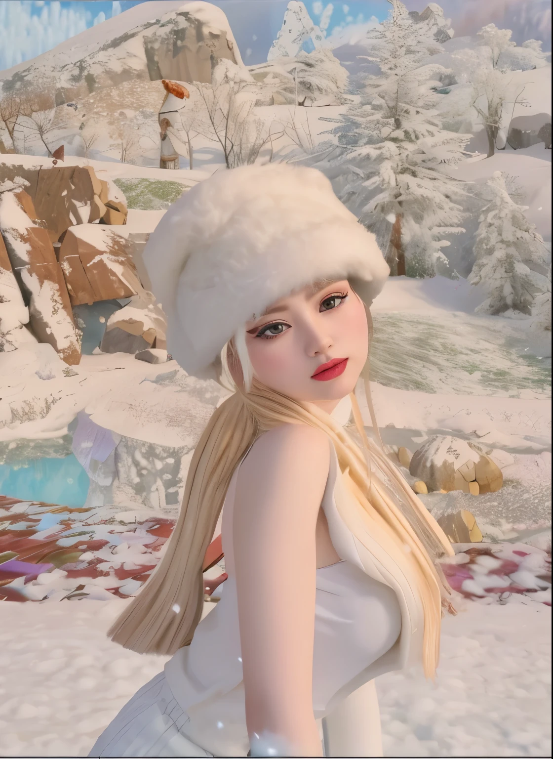 there is a cartoon image of a woman with a hat and scarf, frio como ! 🧊, Rainha of winter, inspirado em Ren Renfa, princesa de inverno, Avatar do Second Life, only snow i the background, inspirado em Sim Sa-jeong, heavy winter aesthetics, deusa do inverno, pale snow white skin, inspirado em Elmyr de Hory, Rainha