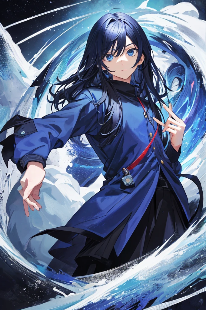 Copy A man with an amazed expression, vestindo um moletom com seu cabelo preto desgranhado, todo o fundo azul escuro estrelado, estilo de arte anime, Foco no seu rosto