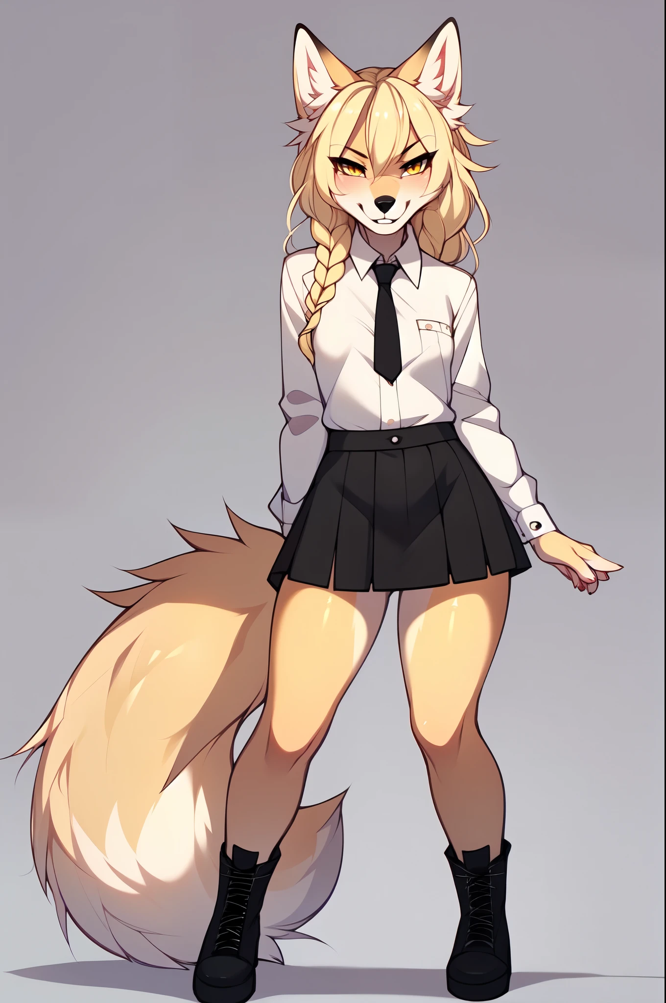 Full body shot, solo, Kimiko, detailed yellow eyes, blonde hair, tan fox girl, cute blonde fox tail tail, white ear fluff, by hyattlen, by braeburned, by zaush, by fumiko, standing, petite body, small breasts, wearing white button up shirt, black skirt, black combat boots, black tie, standing, simple background, hands behind her back, playful stance, grinning, furrowed eyebrows, canine teeth, front view